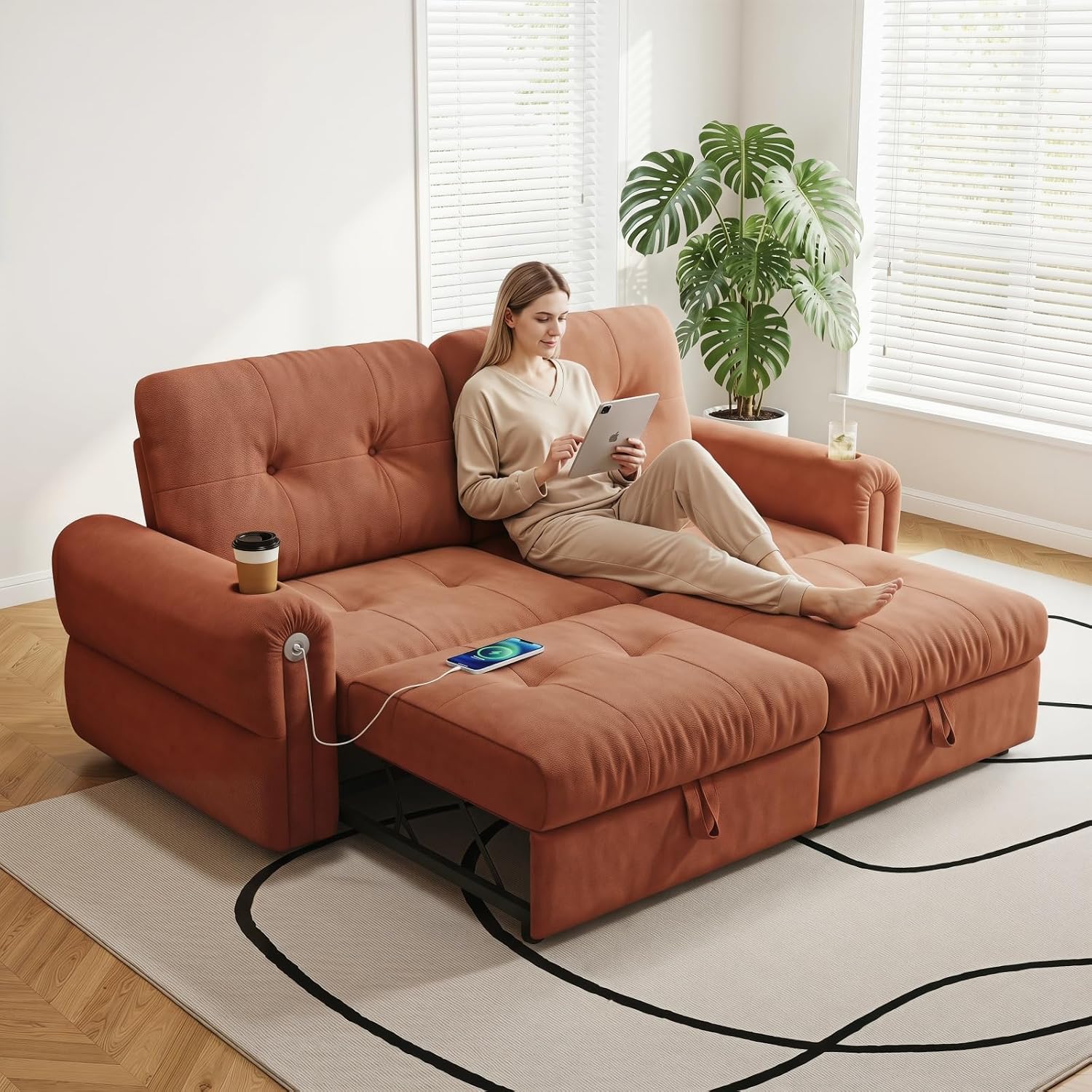 Convertible Couches, Queen Size Pull Out Sofa Bed with USB Charging Port and Cup Holders, Chenille Fabric Convertible Sofa Bed for Small Space, Living Room, Apartment, Guest Room, Orange