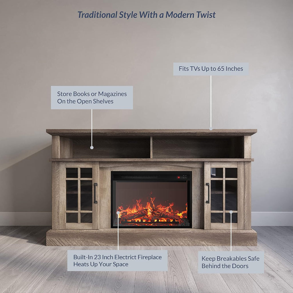 BELLEZE Traditional 58' Rustic TV Stand with 23' Electric Fireplace Heater with Sound, Media Entertainment Center Console Table for TV up to 65' with Open Storage Shelves and Cabinets - Ashland Pine