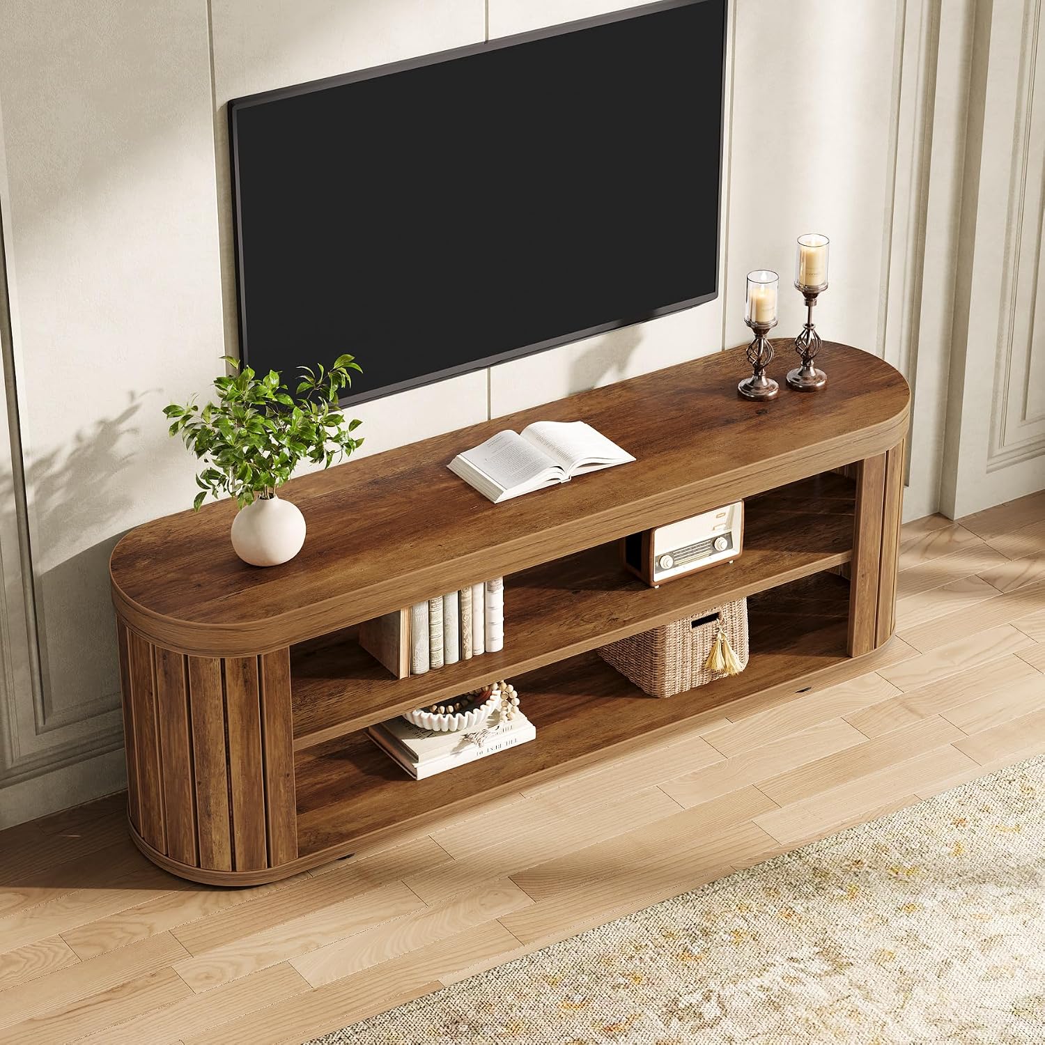 Tribesigns TV Stand for TVs up to 55 Inches, 47.2-Inch Entertainment Center with 2-Tier Open Storage & Adjustable Foot Pads, Oval Media TV Console Table for Living Room, Bedroom, Rustic Brown