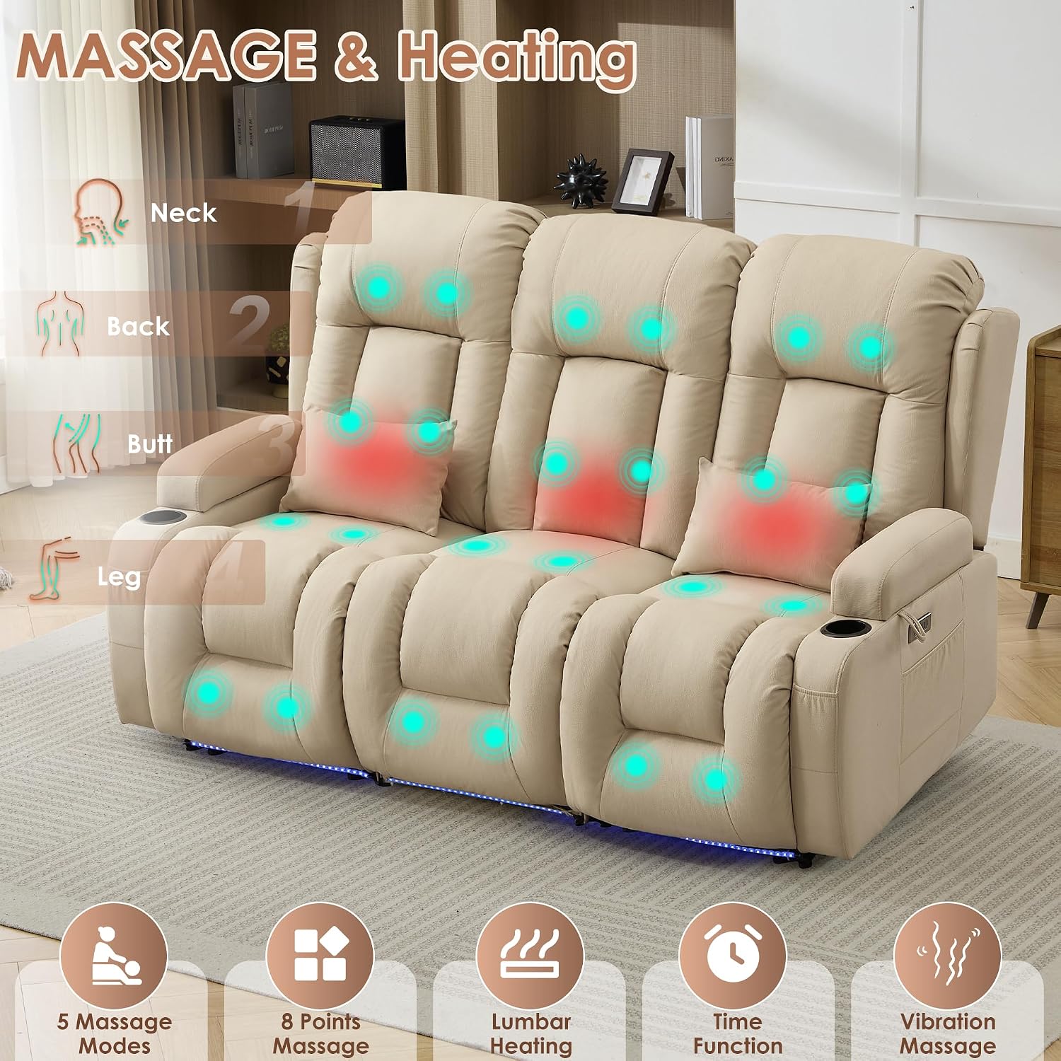 TUNYI Power Loveseat Recliner Sofa with Massage & Heat Home Theater Seating with Console RV Recliner Loveseat Sofa with USB/Storage/Side Pocket/LED Light/Speaker (Beige, 3 Seat)