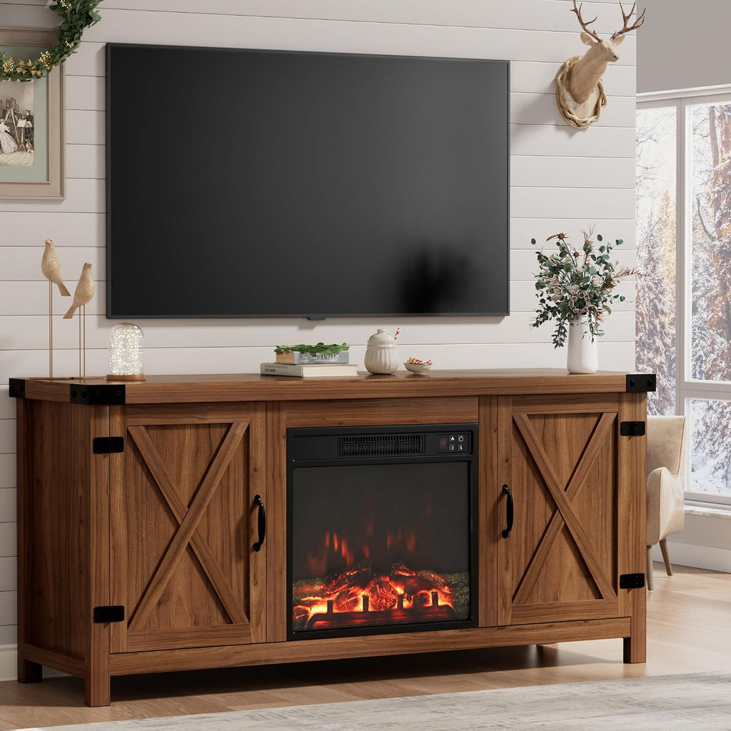 Furmax Fireplace TV Stand for Up to 65 Inches TVs, Farmhouse Entertainment Center with Grooved Barn Doors, Rustic Media Console Table with Storage Cabinets for Living Room (Barnwood)