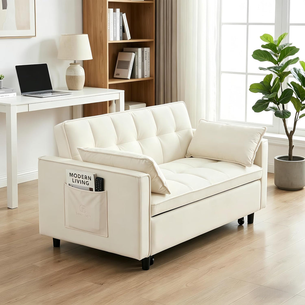 3 in 1 Convertible Sofa Bed, Loveseat Sleeper Sofa with Large Side Pockets, Pull Out Couch with Adjustable Backrest, Easy Assembly, Velvet Couch Bed for Small Spaces, Apartment, White