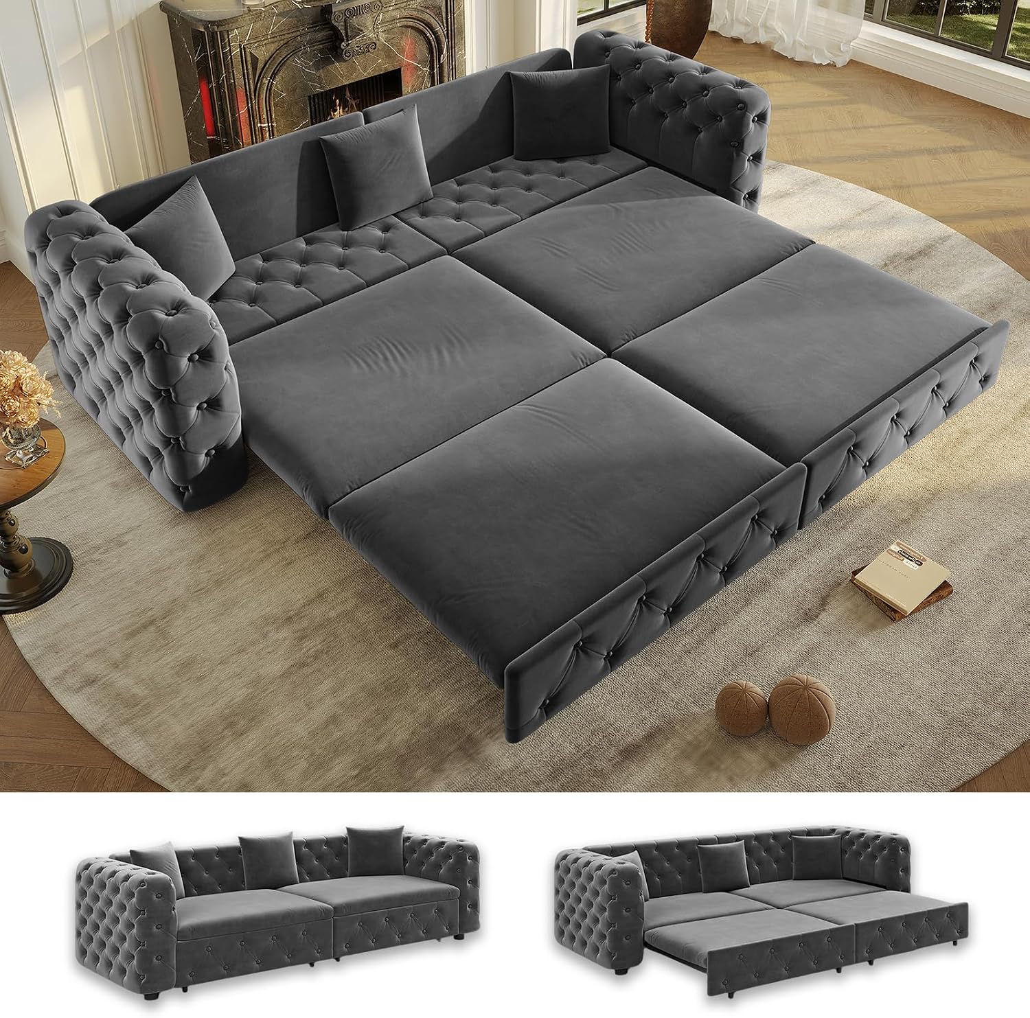 89' Pull Out Sofa Bed King Size, Velvet Chesterfield Sleeper Sofa Couch, 3 in 1 Convertible Recliner, Modern Tufted Deep Seat Couches for Living Room, Small Space, Apartment, Concrete Gray