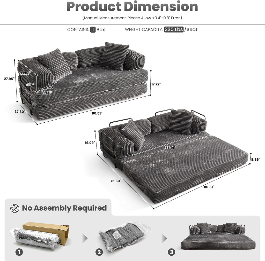 ovios 81' Folding Sofa Bed, Foldable Sleeper Boneless Couch with Pull Out Beds, Modular Convertible Floor Futon Loveseat Lounger for Living Room (Faux Fur, Grey)