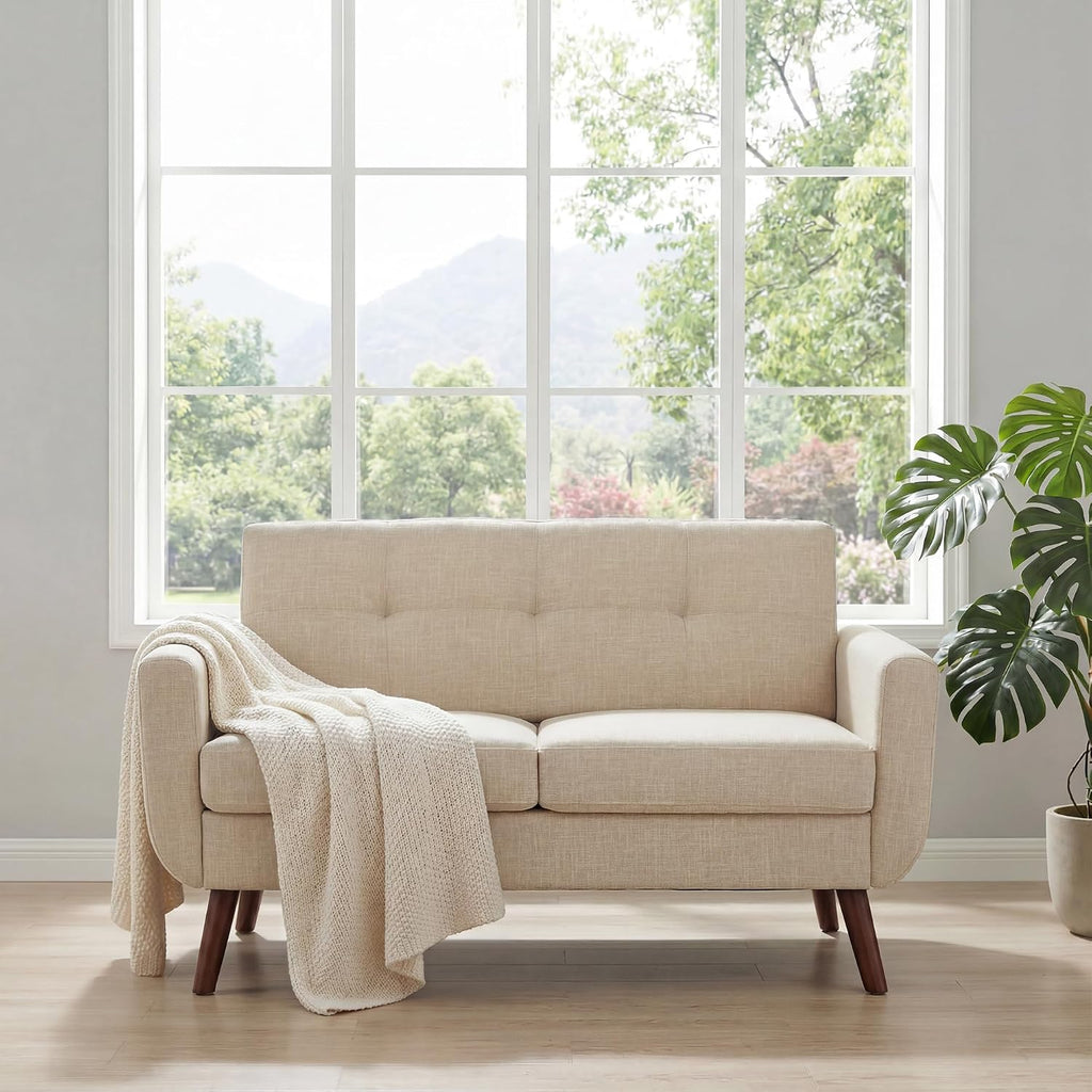 Tbfit 56' W Loveseat Sofa, Mid Century Modern Decor Love Seat Couches for Living Room, Button Tufted Upholstered Small Couch for Bedroom, Solid and Easy to Install Love Seats Furniture, Beige