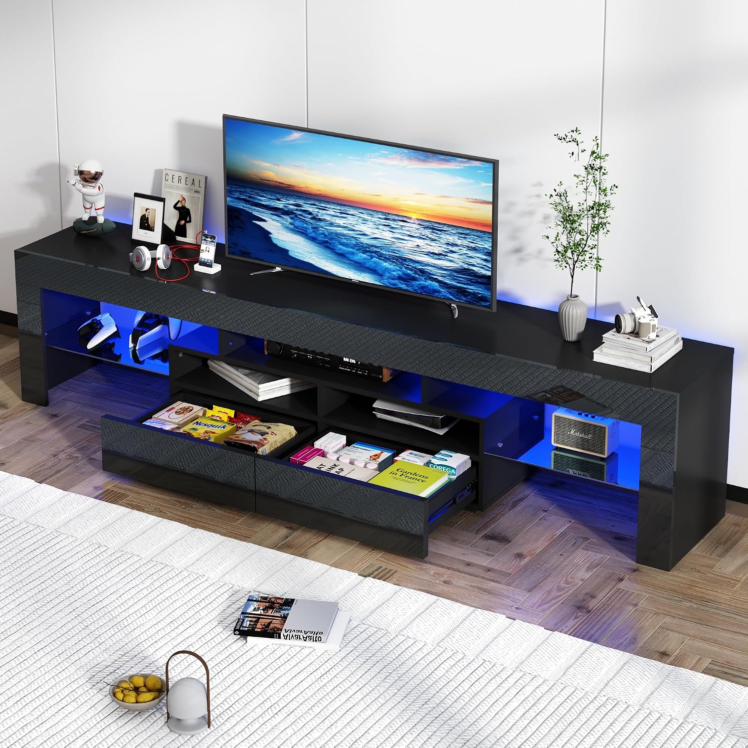 St.Mandyu 86IN LED TV Stand for 90/100 inch TV, High Glossy Modern Entertainment Center with Drawer and Led Lights, Television Table Media Console for Living Game Room Bedroom, Black