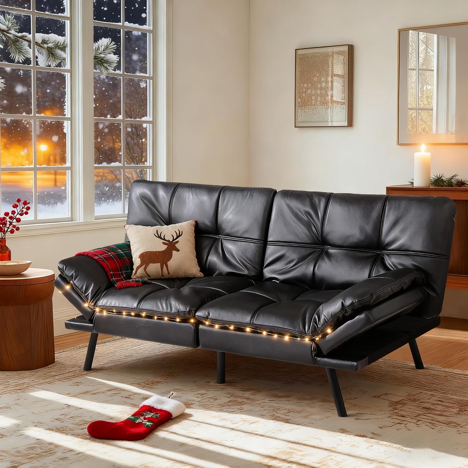 MUUEGM Futon Sofa Bed 71' Convertible Memory Foam Shiny Black Futon Couch Bed Modern Loveseat Sleeper with Adjustable Backrests Armrests for Living Room,Small Space,Office