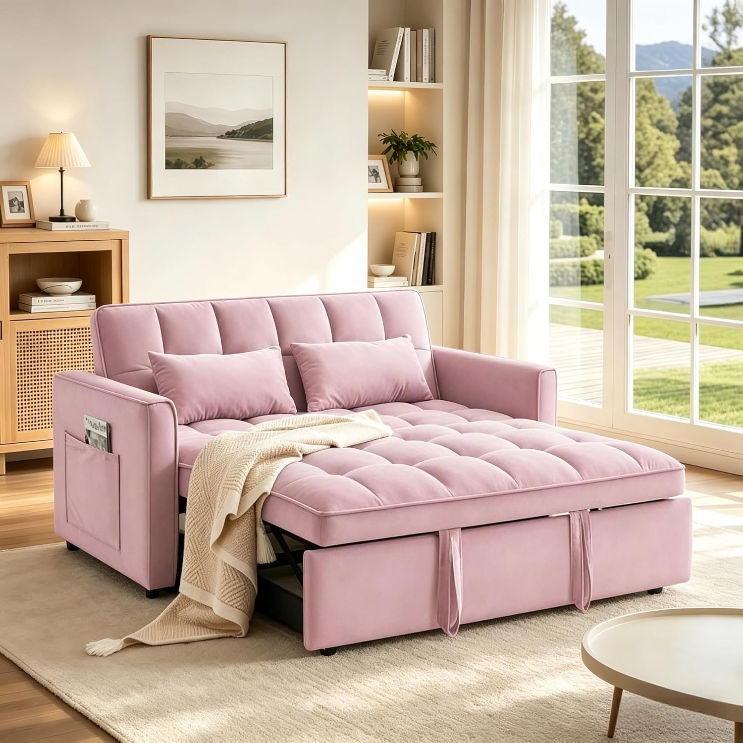3 in 1 Convertible Sofa Bed, Loveseat Sleeper Sofa with Large Side Pockets, Pull Out Couch with Adjustable Backrest, Easy Assembly, Velvet Couch Bed for Small Spaces, Apartment, Pink