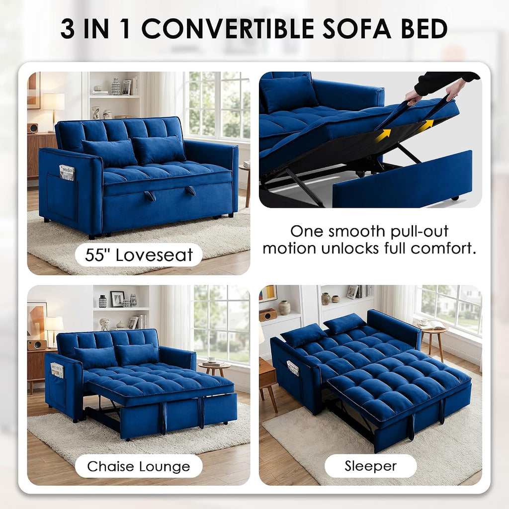 3 in 1 Convertible Sleeper Sofa Bed, 55' Pull Out Couches, Modern Loveseat Sleeper Sofa with Adjustable Reclining Backrest & Side Pockets for Living Room, Velvet Fabric, Blue
