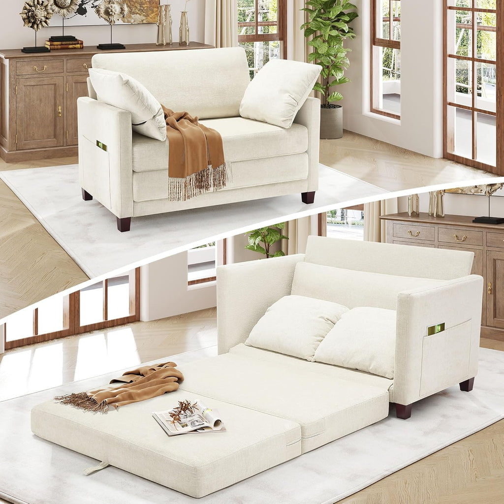 51' Loveseat Sleeper Sofa Bed, Chenille Convertible Floor Sofa Bed for Small Spaces, Folding Couch Bed with Deep Seat, 2 Pillows & Solid Frame, Pull Out Floor Couch for Living Room, Beige