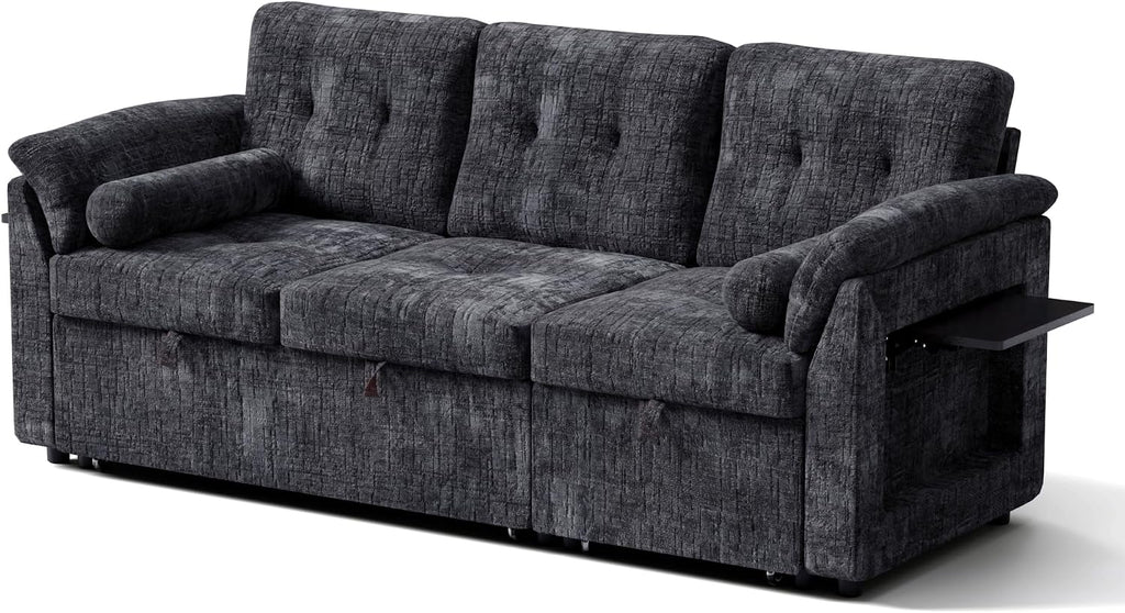 Convertible Sleeper Sofa Bed, 63 Inch Chenille Pull Out Couch with Side Table & Adjustable Backrest, Sectional Sleeper Sofa with Pull Out Bed for Living Room, Apartment, Black
