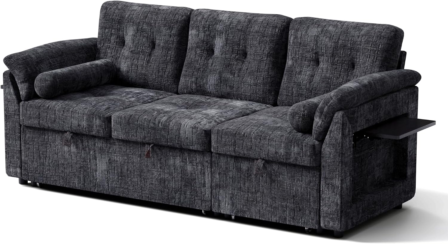 Convertible Sleeper Sofa Bed, 63 Inch Chenille Pull Out Couch with Side Table & Adjustable Backrest, Sectional Sleeper Sofa with Pull Out Bed for Living Room, Apartment, Black