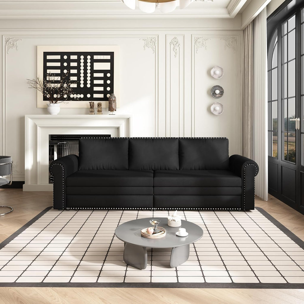 93.7' King Pull Out Sofa Bed, Velvet Sleeper Sofa Couch, 3 in 1 Convertible Futon Couches for Living Room, Small Space, Apartment, Office, Bedroom, Modern Rivet Armrest, Black
