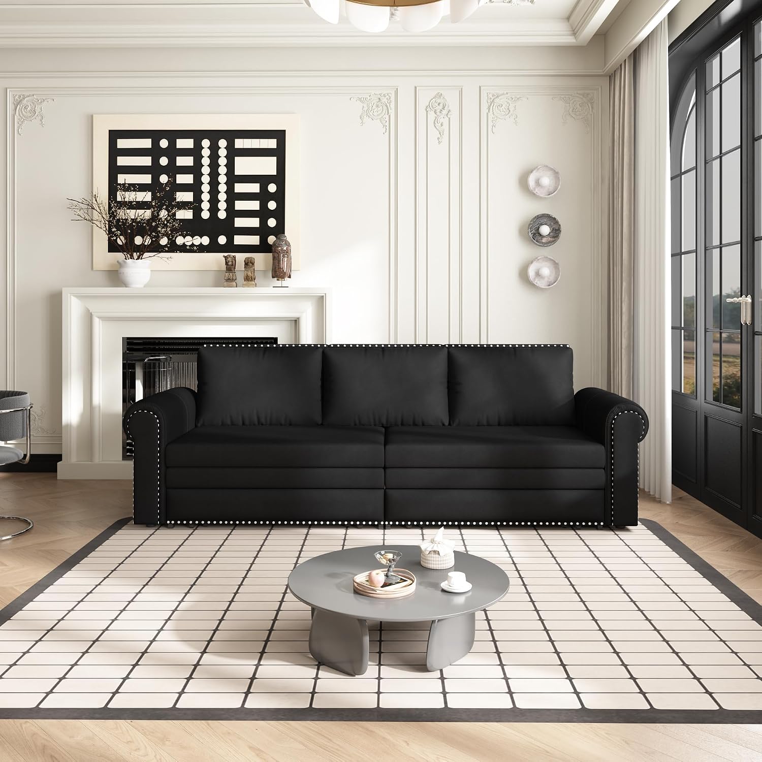 93.7' King Pull Out Sofa Bed, Velvet Sleeper Sofa Couch, 3 in 1 Convertible Futon Couches for Living Room, Small Space, Apartment, Office, Bedroom, Modern Rivet Armrest, Black