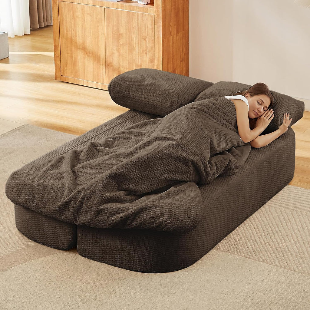 Futon Sofa Bed with Blanket, Convertible Folding Boneless Compressed Faux Fur Memory Foam Floor Loveseat Sleeper Sofa Couch Full Size Bed with Pillows for Guest Room Living Room Small Space, Brown