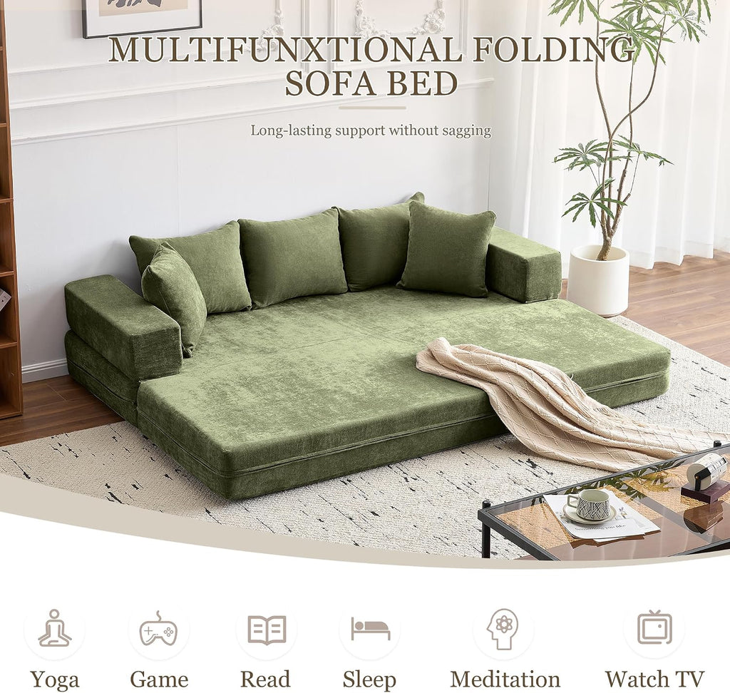 79' Convertible Folding Sofa Bed Queen, Sleeper Sofa Couch with Armrest and Pillows, Chenille Fold Out Floor Chaise Lounge, Comfy Foldable Futon Mattress For Living Room, Bedroom (Green 7.87')