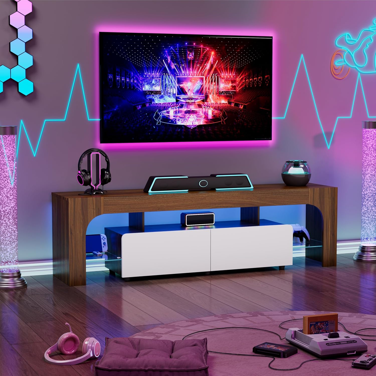 Garvee Modern Lighting TV Stand with Large Storage Drawer for 50 55 60 65 70 75 Inch TVs, TV Console Table with Control Color LED Lights, Entertainment Center Media for Living Room, Bedroom, Walnut
