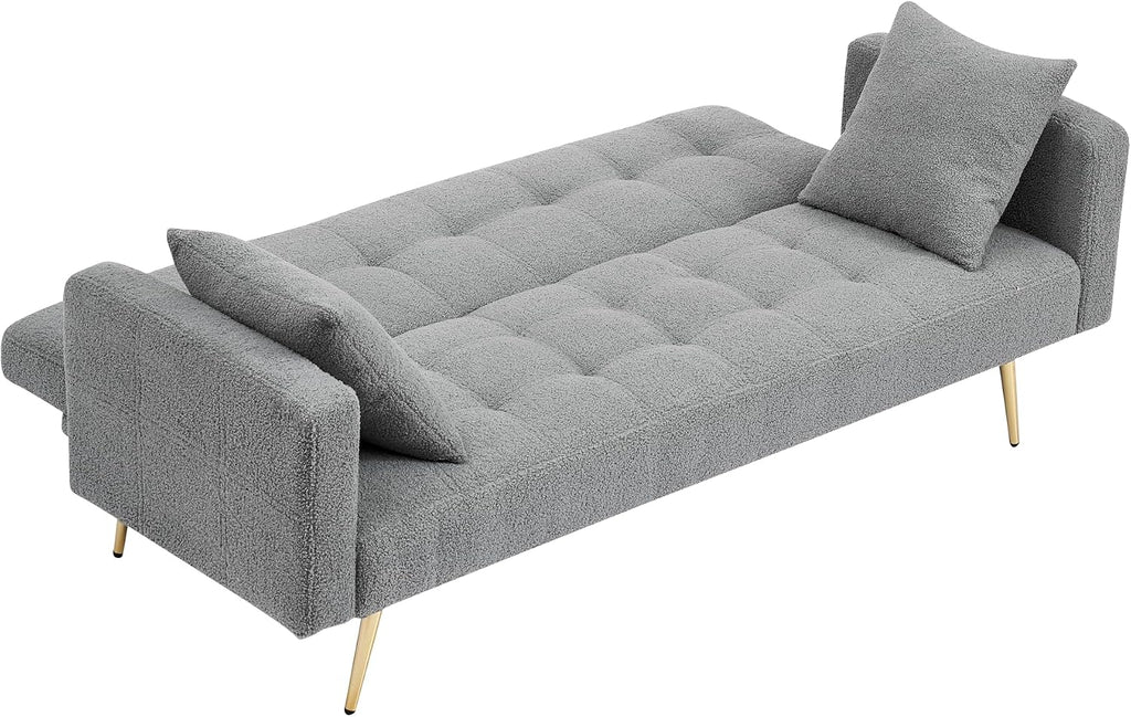 Eafurn Teddy Fleece Folding Sleeper Sofa Bed Convertible Futon Loveseat Couch with 3 Adjustable Backrest, Tufted Recliner Lounge Sofabed Daybed with Golden Metal Legs for Living Room Apartment