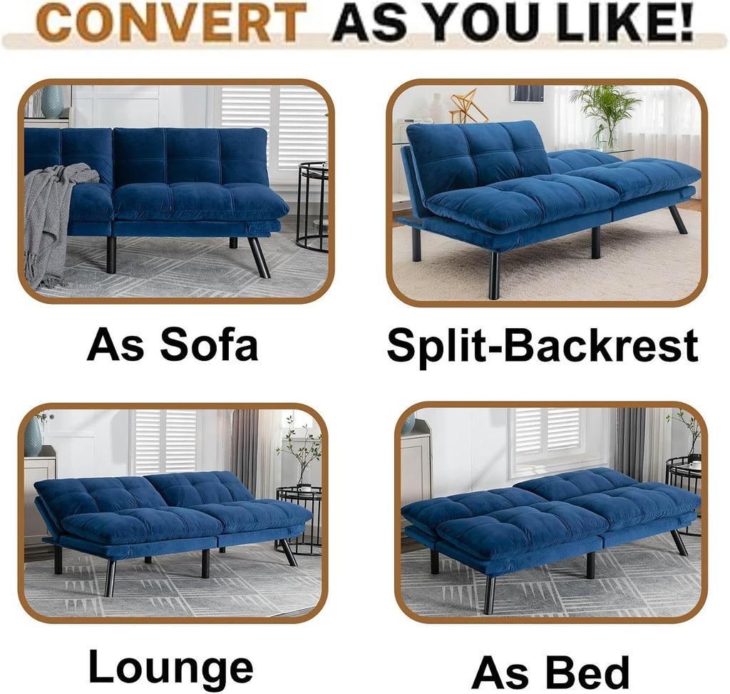 Anwick Velvet Convertible Futon Sofa Bed,71' Modern Comfy Loveseat Sleeper Sofa with Adjustable Backrest Armrest,Folding Futon Sleeper Recliner for Living Room,Office,Apartment (Navy Blue)