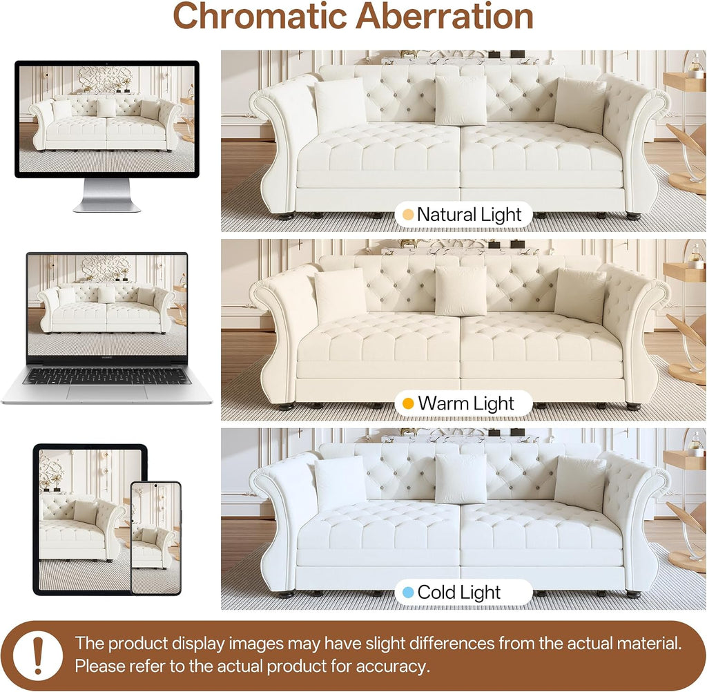 97.6'' Sleeper Sofa Bed King Size, Flower Tufted Pull Out Couch, Velvet Chesterfield Futon Couches, Modern 4 Seater Convertible Sofa, 3 Pillows for Living Room, Apartment, Offices, Beige