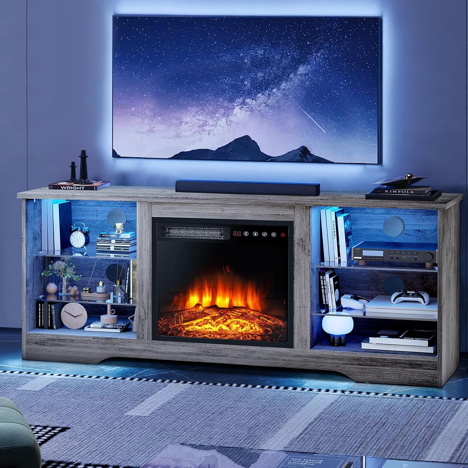 LEMBERI Fireplace TV Stand for up to 65 Inches TVs, LED Modern Entertainment Center with Built-in Electric Fireplace Heater & Adjustable Glass Shelves, Media Console for Living Room, Gray