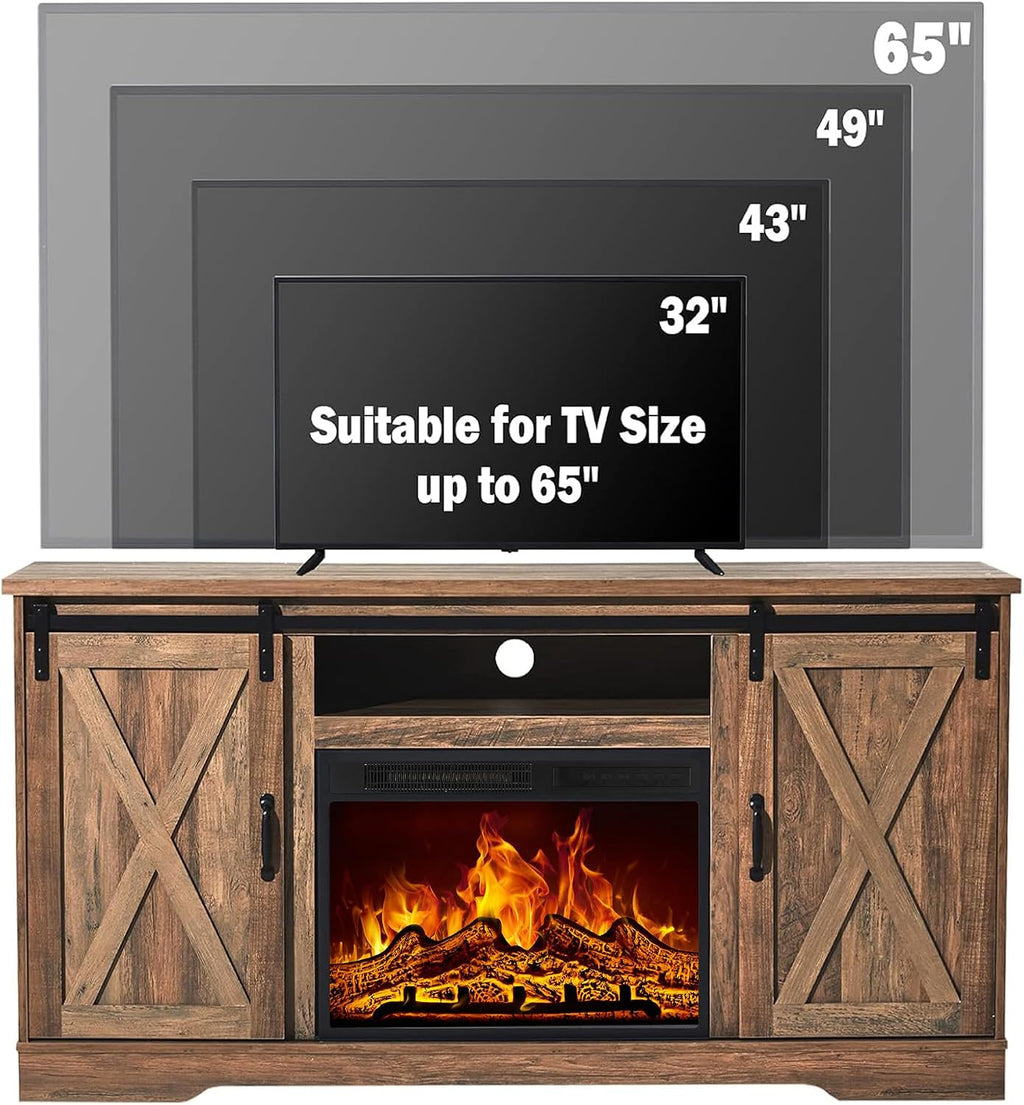 AMERLIFE 59' Fireplace TV Stand for TVs up to 65', Farmhouse Entertainment Center with Sliding Barn Doors, Storage Cabinets and Adjustable Shelves, Barnwood