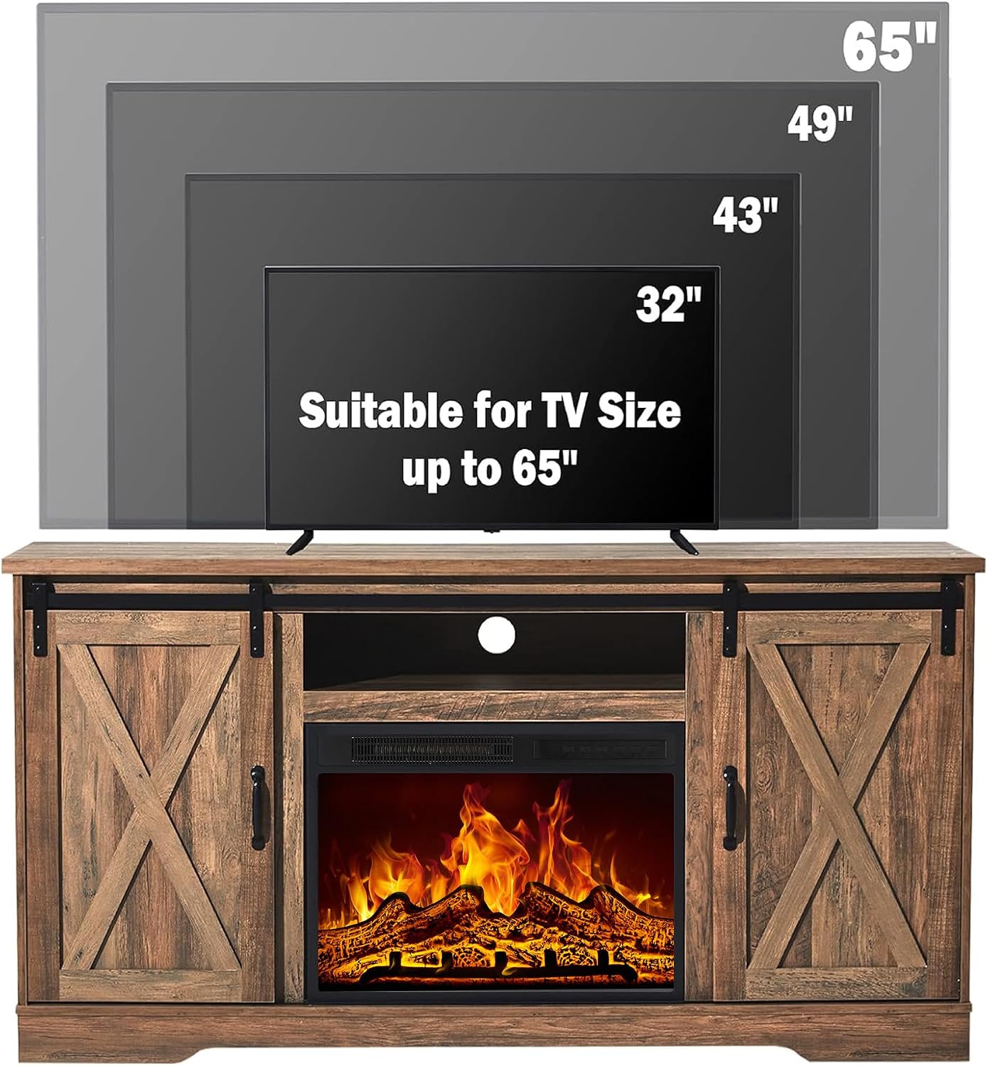 AMERLIFE 59' Fireplace TV Stand for TVs up to 65', Farmhouse Entertainment Center with Sliding Barn Doors, Storage Cabinets and Adjustable Shelves, Barnwood