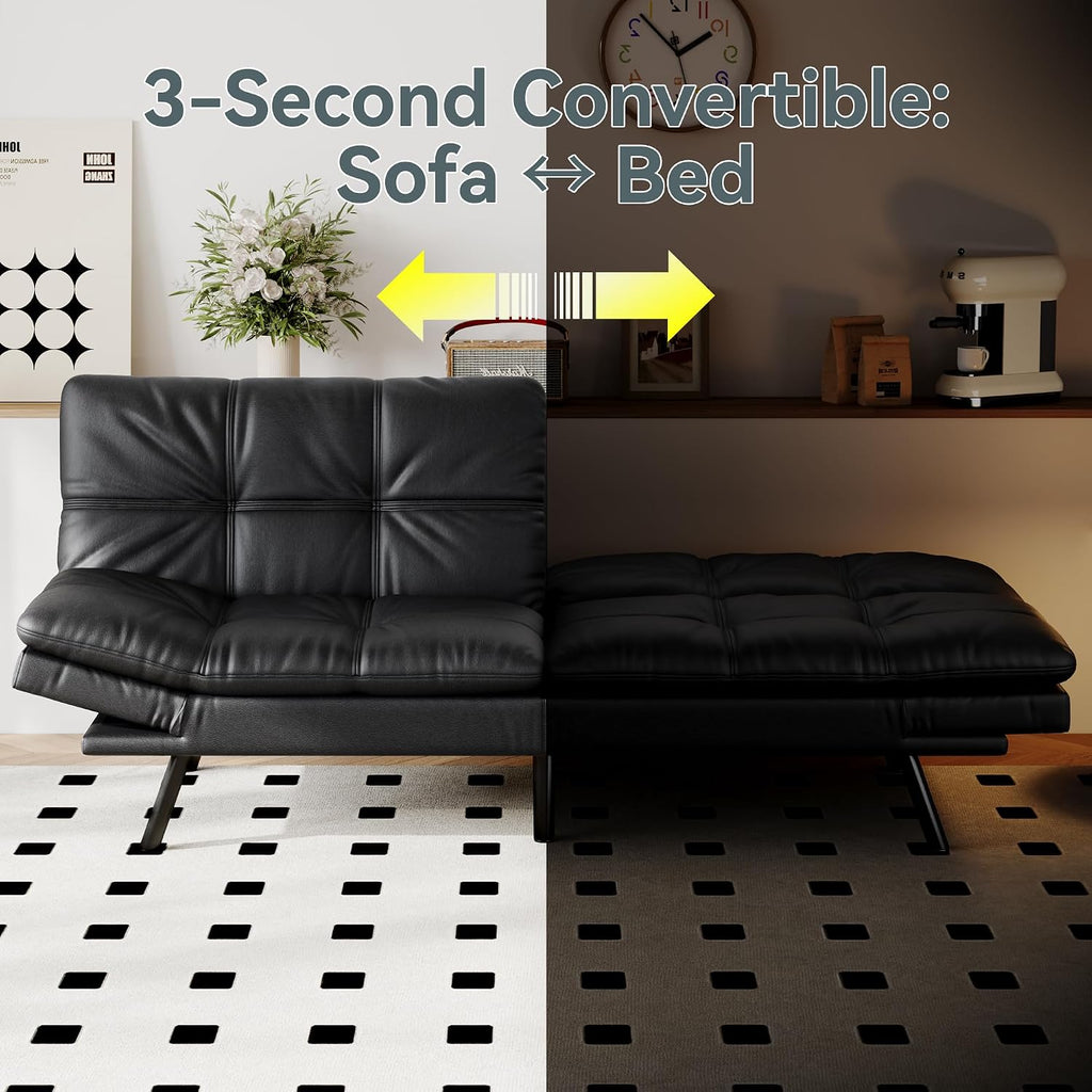 Futon Sofa Bed Convertible Couch, Black Faux Leather Sofa Bed with Memory Foam, Adjustable Backrest & Armrests, Multifunctional Small Loveseat Sleeper Sofa for Living Room, Apartment, Office