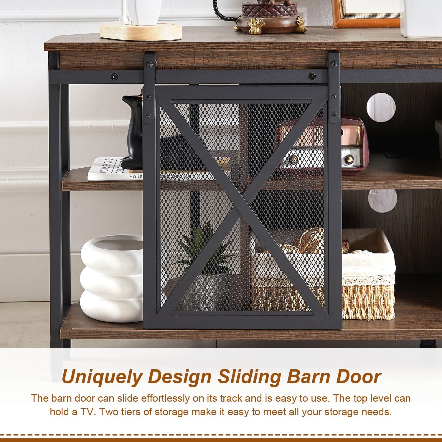 HOMISSUE Corner TV Stand for 55 Inch TV, Rustic Corner Entertainment Center with Storage, Industrial Media Console Table with Sliding Barn Door, Entertainment Center for Living Room, Brown