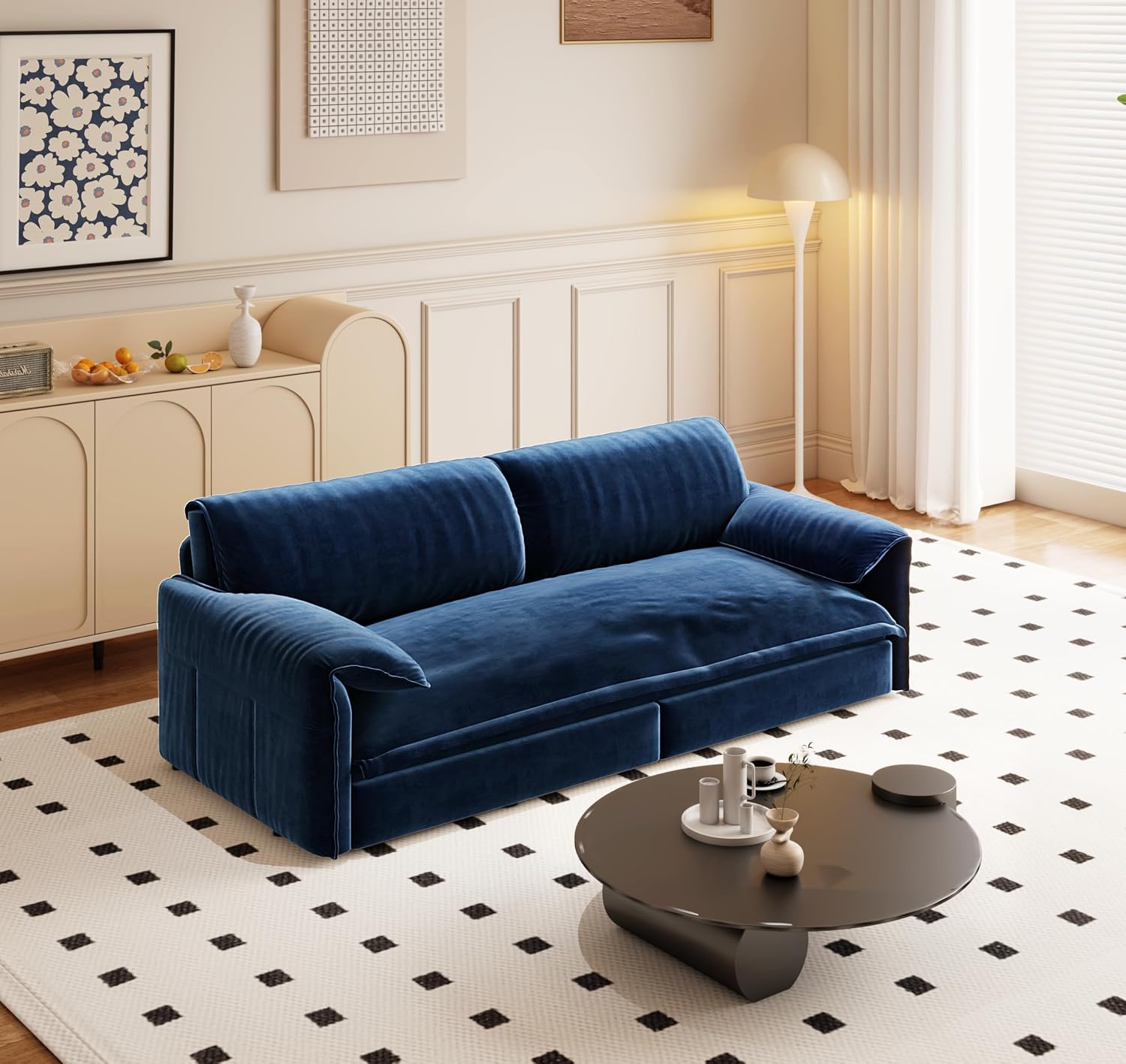 3 in 1 Convertible Queen Sleeper Sofa Bed Comfy Pull Out Futon Couch Bed 66' Modern Velvet Recliner Loveseat Sofa Multi-Functional Blue Cloud Couch for Living Room,Apartment,Office (Blue 66')