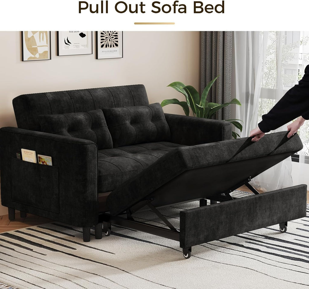 KKL 3 in 1 Convertible Sleeper Sofa Bed, Small Pull Out Couch Bed with Adjustable Backrest, Chenille Little Loveseat Couches with Side Pocket, Futon Sofa Beds Couch for Living Room, Bedroom (Black)