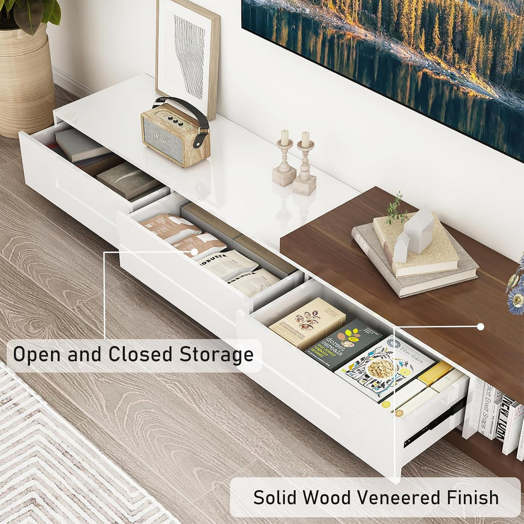 Hlivelood Extendable TV Stand, Modern Entertainment Center for Up to 120 Inch TV, Wood Reversible TV Media Console with 3 Drawers for Living Room Bedroom, 82-110'(White& Walnut)