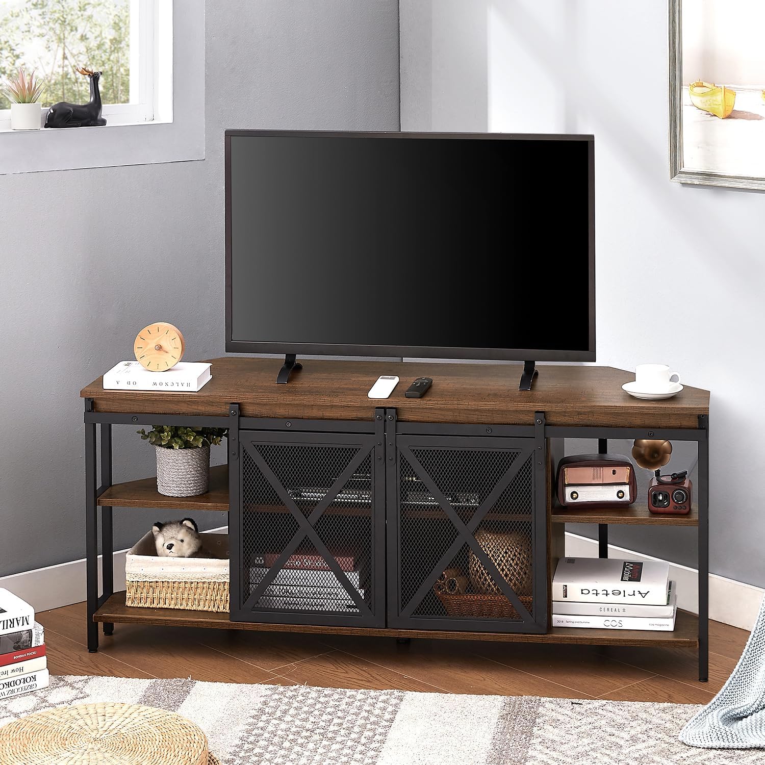 HOMISSUE Corner TV Stand for 55 Inch TV, Rustic Corner Entertainment Center with Storage, Industrial Media Console Table with Sliding Barn Door, Entertainment Center for Living Room, Brown