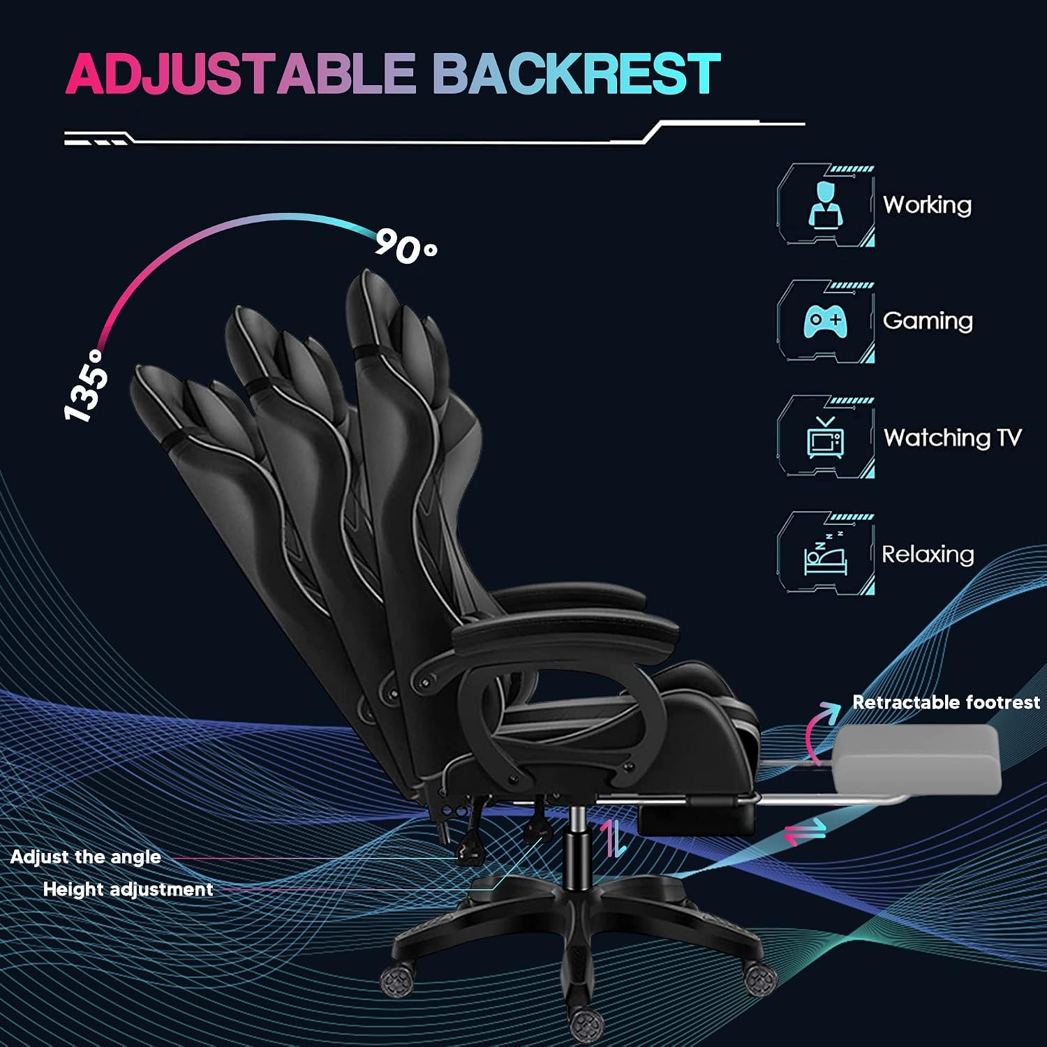 LED Gaming Chair Computer Gaming Chair with Bluetooth Speakers and RGB Lights Full Massager Gamer Chair Swivel Recliner Ergonomic Lumbar Support Video Game Chair for Adults Teens,Black