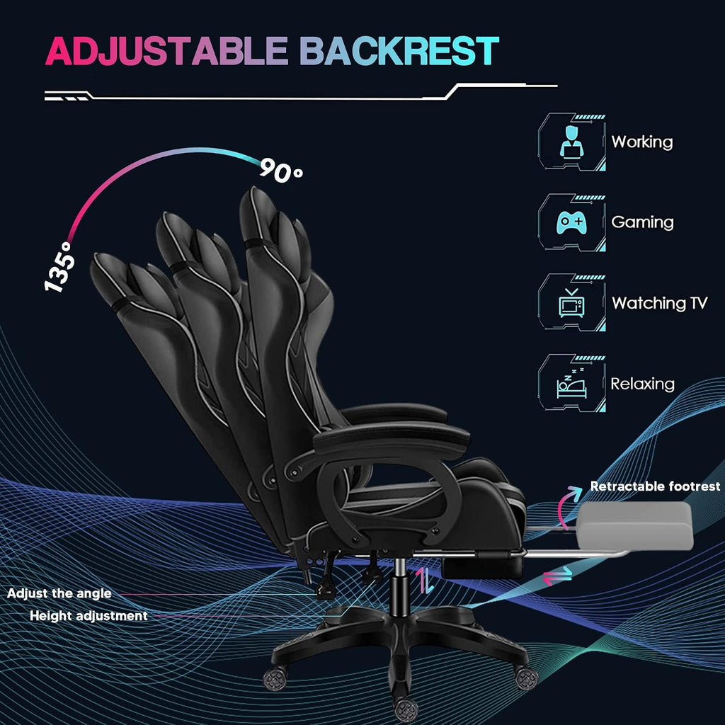 Big and Tall Gaming Chair with Footrest Ergonomic Massage Office Chairs LED Video Game Chair with Speakers Comfortable Headrest Lumbar Support High Back Desk Chair PU Leather for Adults,Red