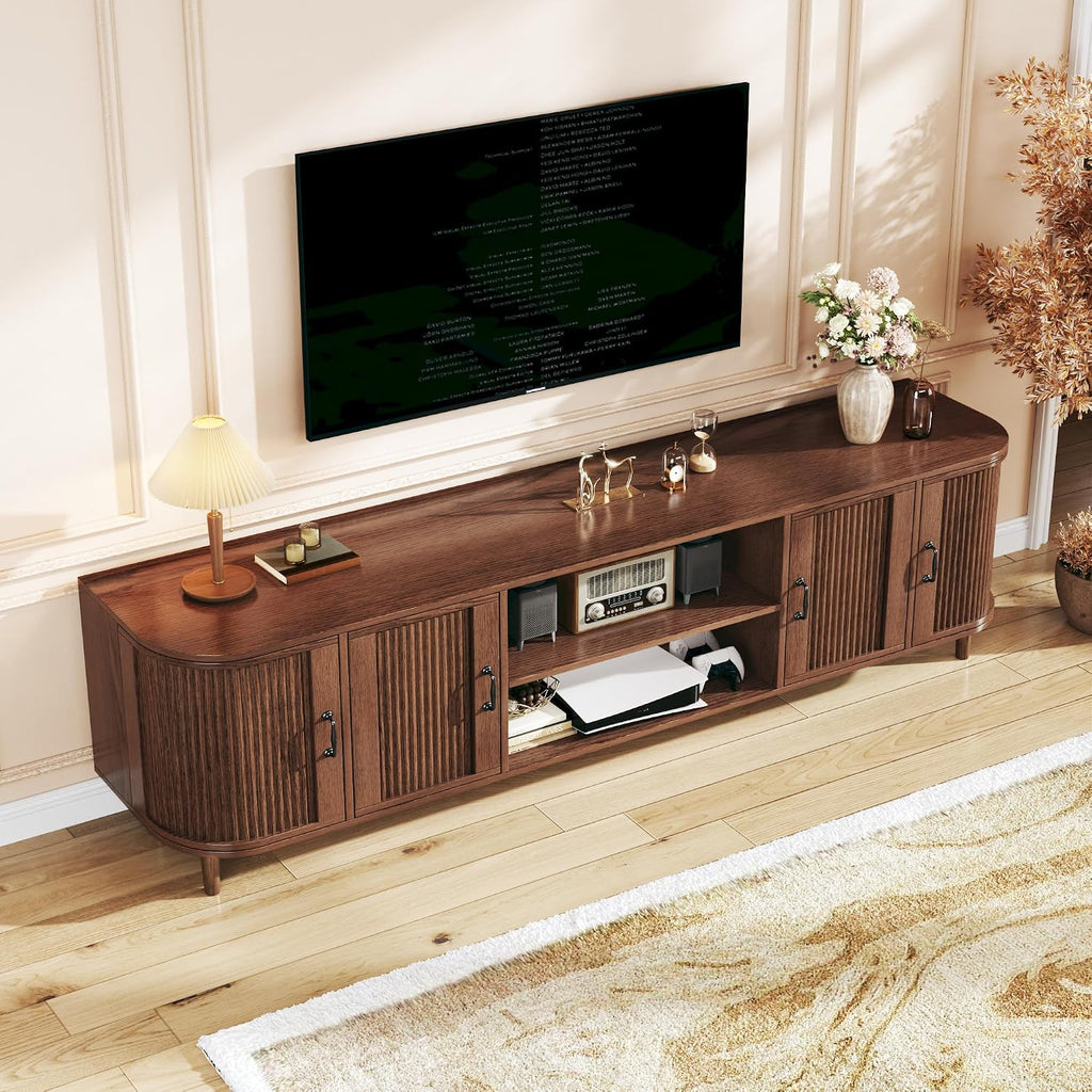 HUAHUU TV Stand for 75 inch TV, Mid Century Modern Entertainment Center for 55/60/65/75 inch TV, with Fluted Door Cabinets & Open Shelves, TV Consoles, Walnut