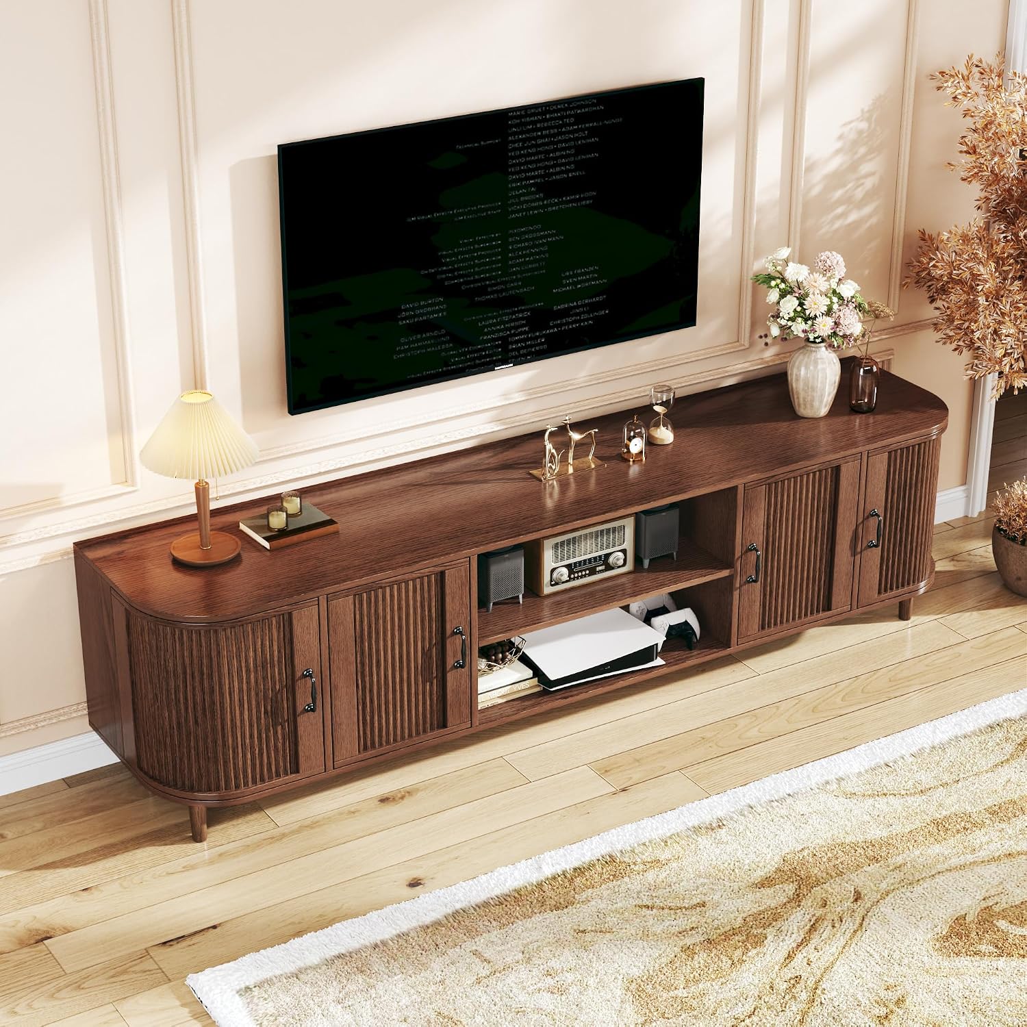 HUAHUU TV Stand for 75 inch TV, Mid Century Modern Entertainment Center for 55/60/65/75 inch TV, with Fluted Door Cabinets & Open Shelves, TV Consoles, Walnut