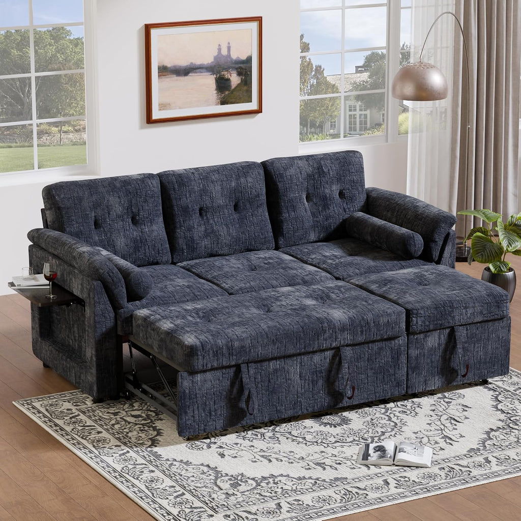 Convertible Sleeper Sofa Bed, 63 Inch Chenille Pull Out Couch with Side Table & Adjustable Backrest, Sectional Sleeper Sofa with Pull Out Bed for Living Room, Apartment, Blue