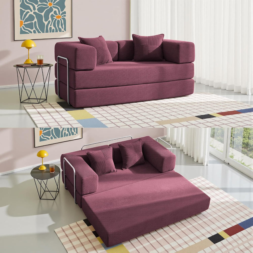 YINIX Sofa Bed, 62'' Folding Floor Couch, Compressed Convertable Sleeper Sofa, Memory Foam Couch with Pillow Back Support Armrest, 4-in-1 Futon Sofa Bed for Living Room, Burgundy