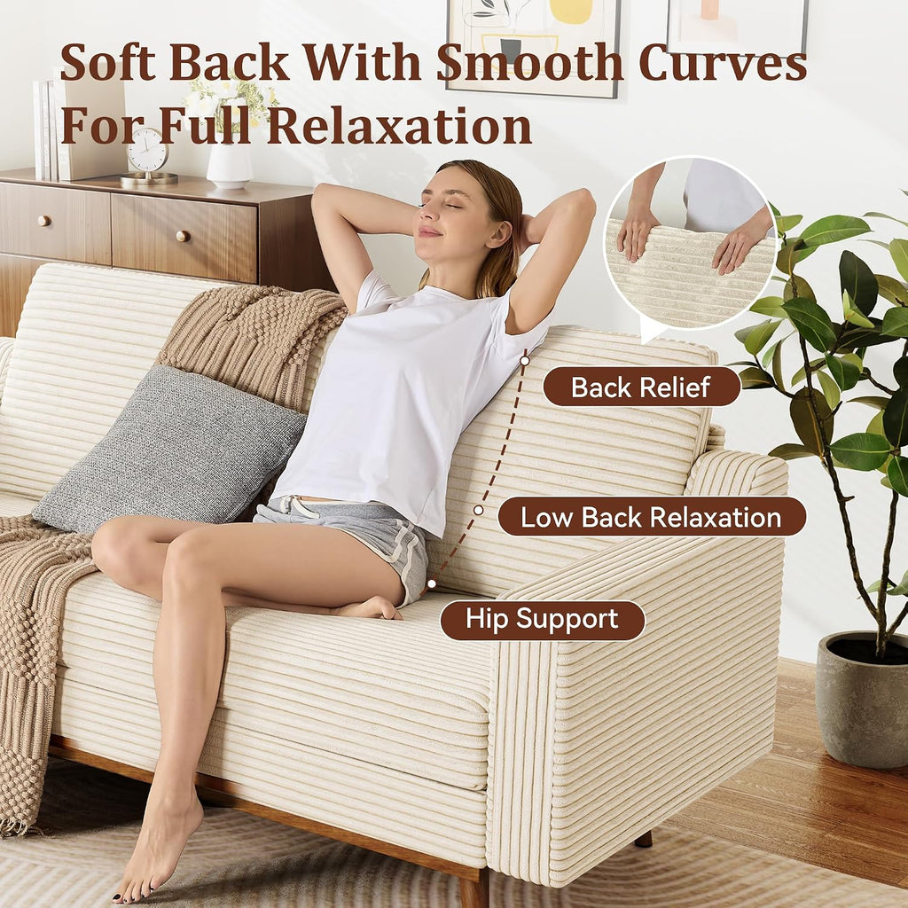 65.4' Loveseat Sofa,Comfy Cream White Corduroy Love Seat Couches for Living Room,Mid Century Modern Small Couch for Bedroom Office with Spring Cushion,Solid Wood Frame,Tool-Free Assembly