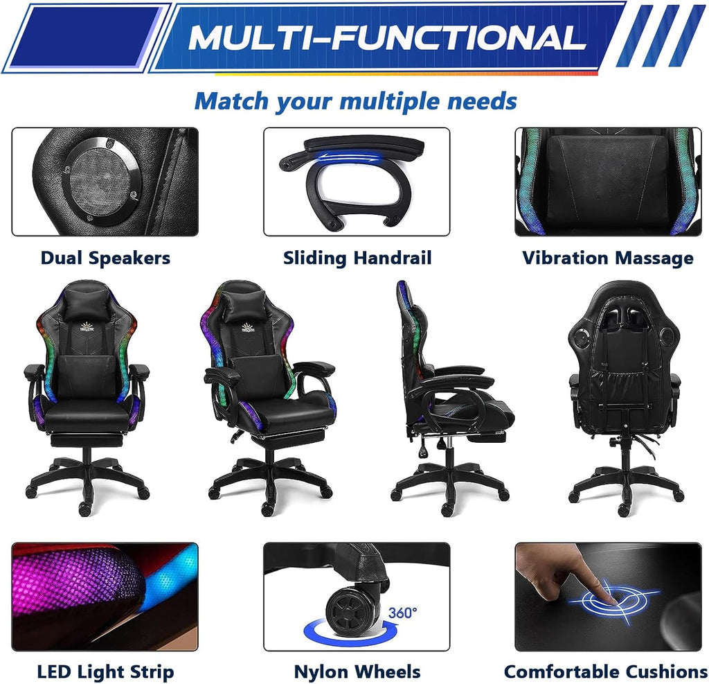 Ergonomic Gaming Chair Computer Chair with RGB LED Lights and Speakers, Office Chair PU Leather Massage Swivel Recliner Chair with Footrest Lumbar Support Headrest Armrest,Red