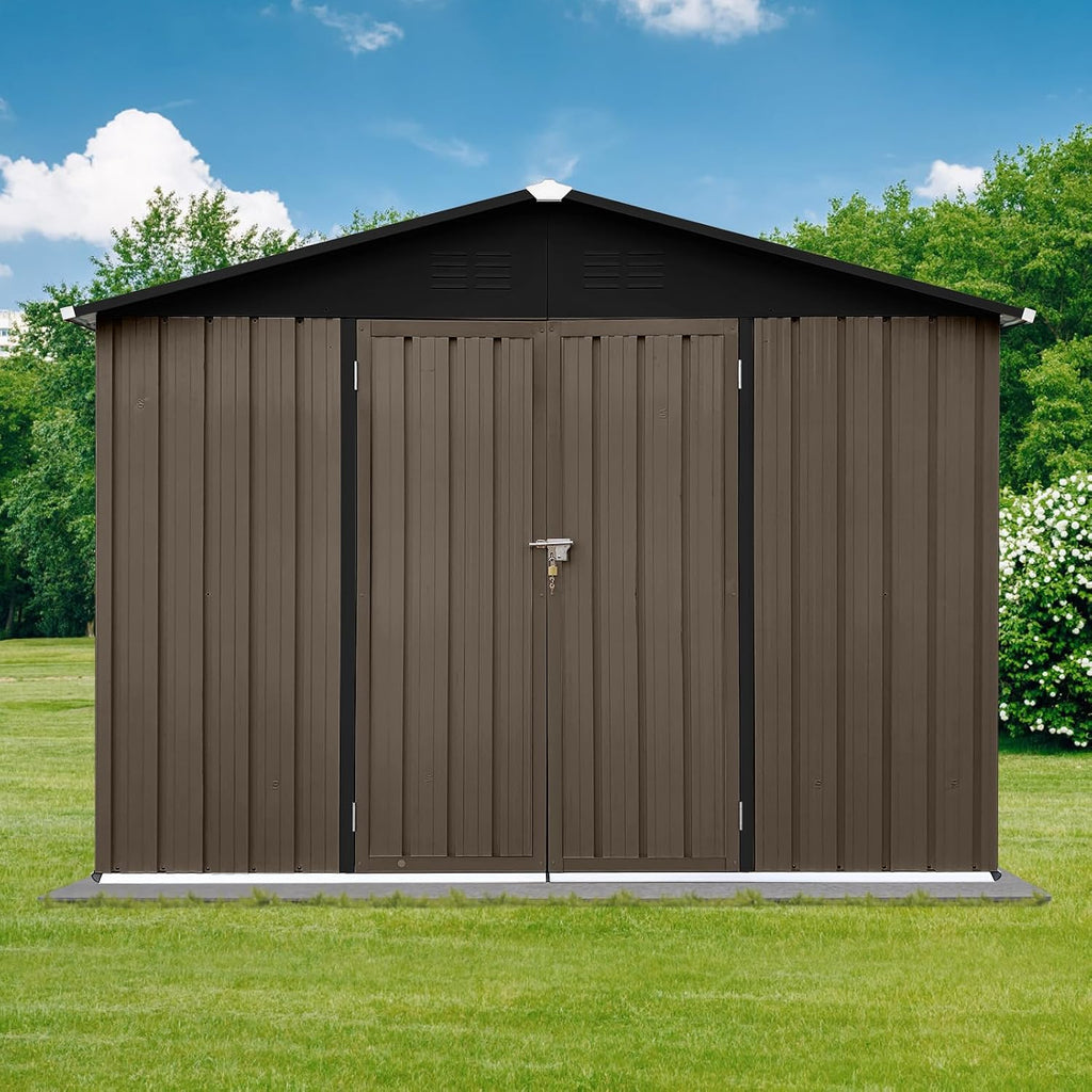 6x8 FT Garden Metal Sheds with Waterproof Roofs and Lockable Doors,Outdoor Storage Tool House W/Punched Vents,Backyard Office Shed,for Bike,Barbeque,Brown + Black