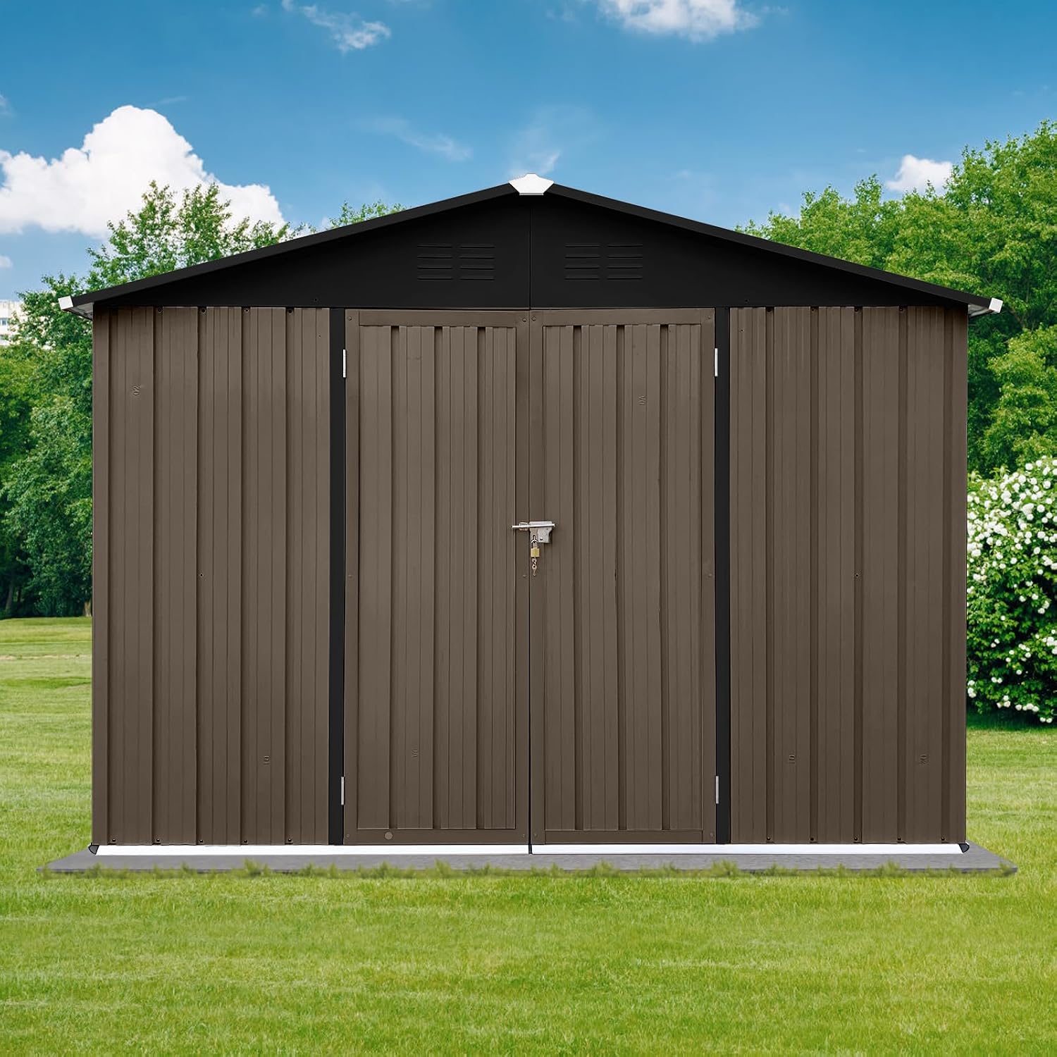 6x8 FT Garden Metal Sheds with Waterproof Roofs and Lockable Doors,Outdoor Storage Tool House W/Punched Vents,Backyard Office Shed,for Bike,Barbeque,Brown + Black