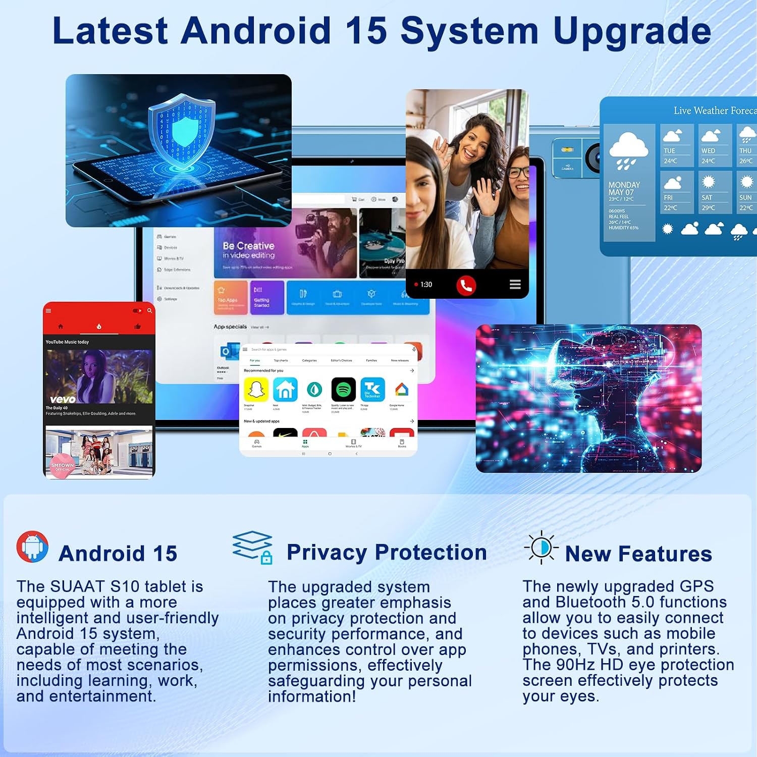 Android 15 Tablet 30GB RAM 128GB ROM 2TB Expand, 10.1 Inch Tablets with Keyboard Mouse, Octa-Core, 8000mAh, HD IPS Display, 5G WiFi BT 5.0 GPS, Widevine L1, Gemini AI, Dual Camera - Blue