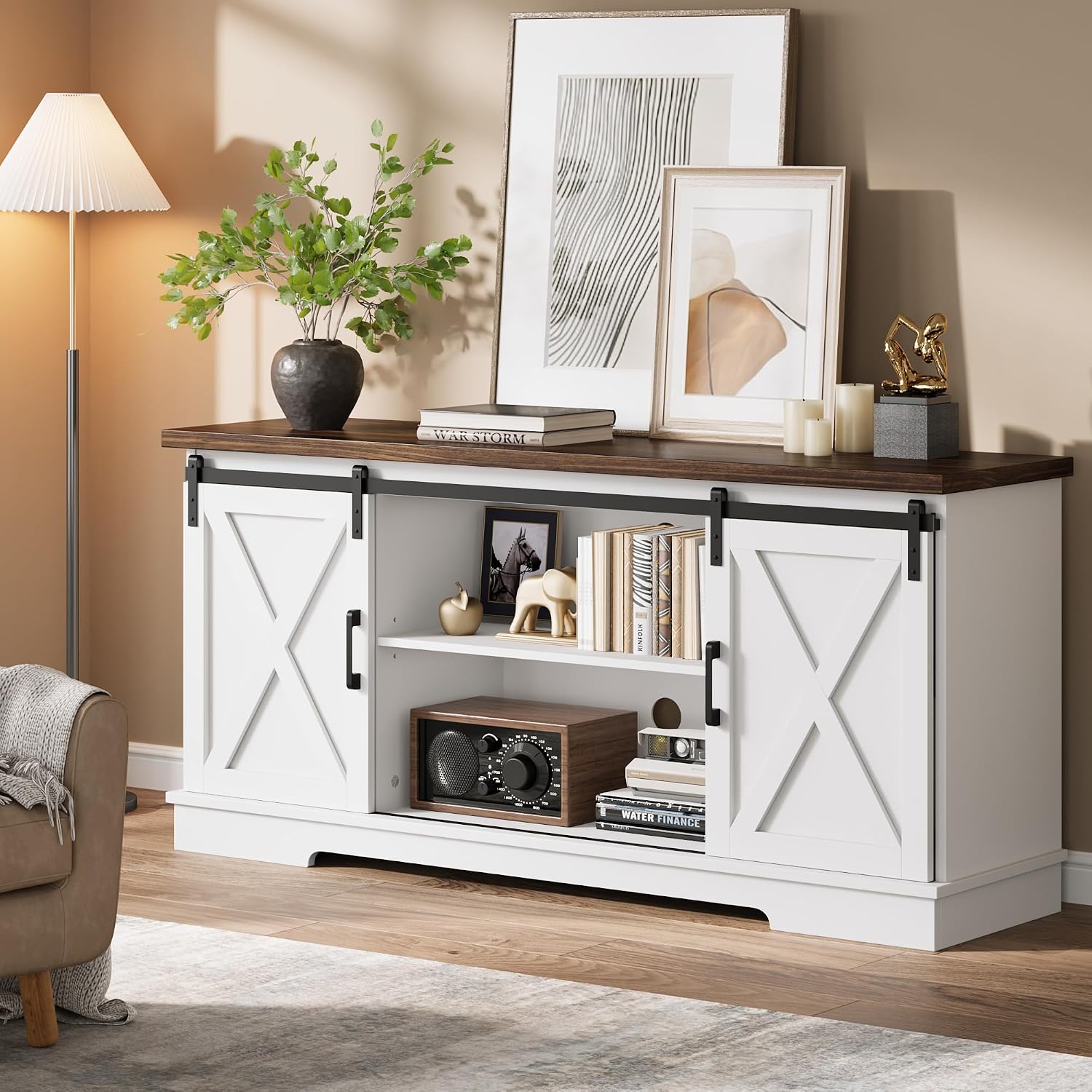 IDEALHOUSE Farmhouse Tv Stand for 65 inch TVs, Entertainment Center with Sliding Barn Doors and Adjustable Shelf, Modern Storage Media TV Console TV Stand Table for Living Room, Bedroom, White & Brwon