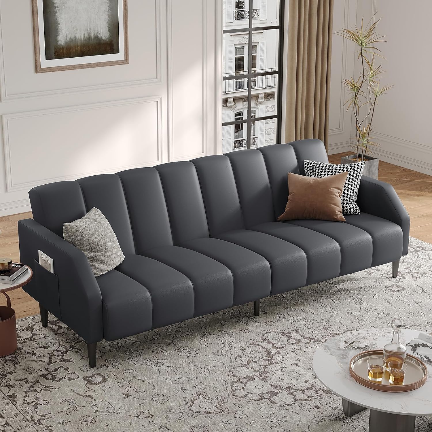 Fadware Faux Leather Couch, Convertible Futon Sofa Bed with Adjustable Backrest, Mid Century Leather Sofa Loveseat with Side Pockets& Metal Leg, Modern Leather Sleeper Sofa for Living Room Bedroom