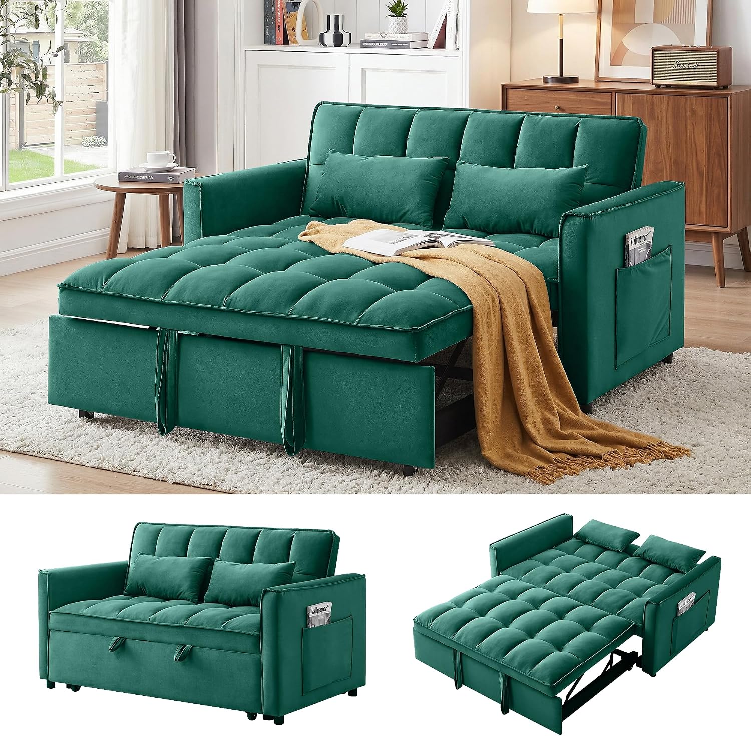 3 in 1 Convertible Sleeper Sofa Bed, 55' Pull Out Couches, Modern Loveseat Sleeper Sofa with Adjustable Reclining Backrest & Side Pockets for Living Room, Velvet Fabric, Green