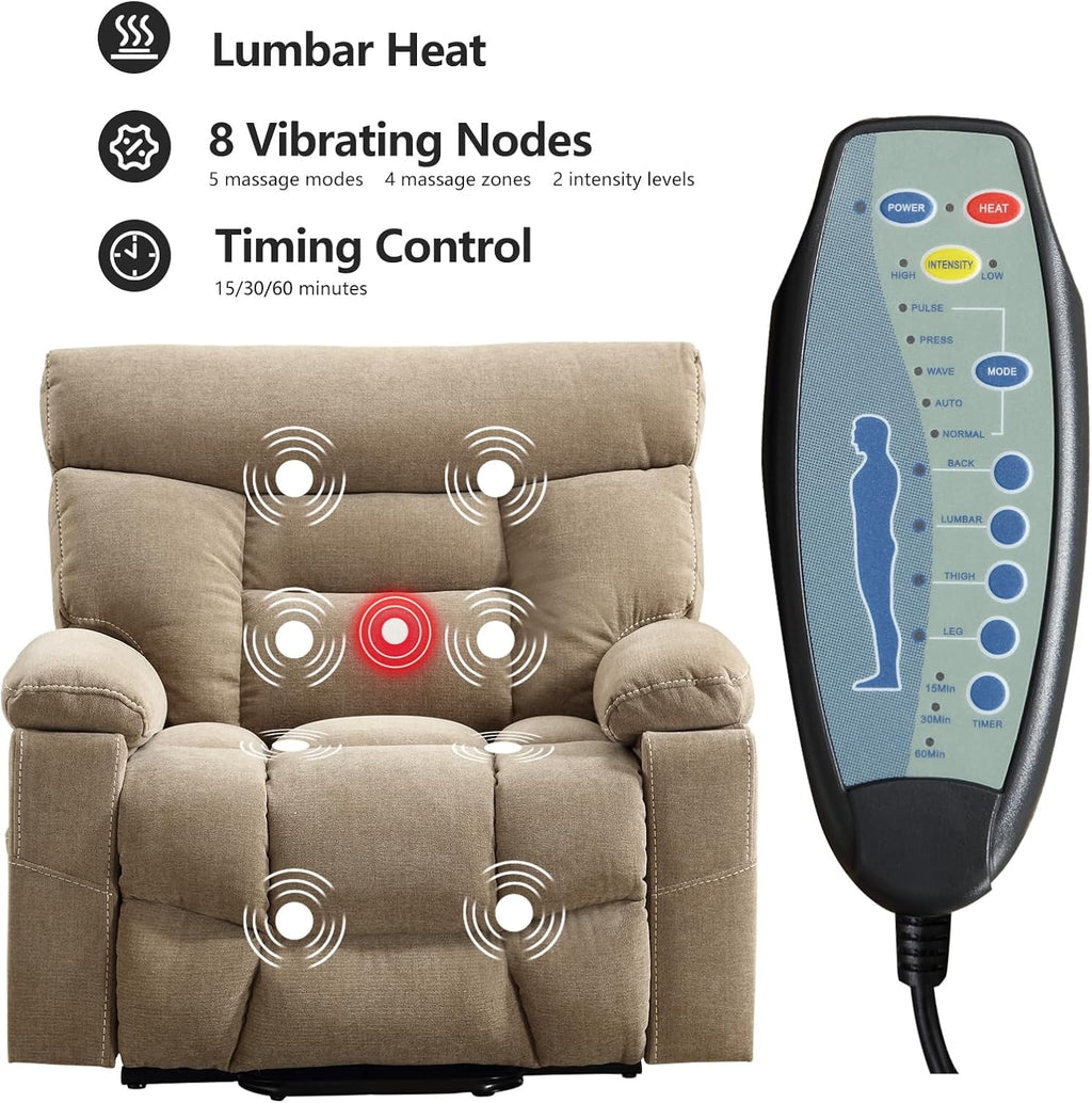 CANMOV Dual Motor Power Lift Recliner Chair for Elderly, 27' Extra-Wide Seat 450 lbs Weight Capacity Infinite Position Adjustment, with Heated Massage, Cup Holders and USB Port, Camel Fabric