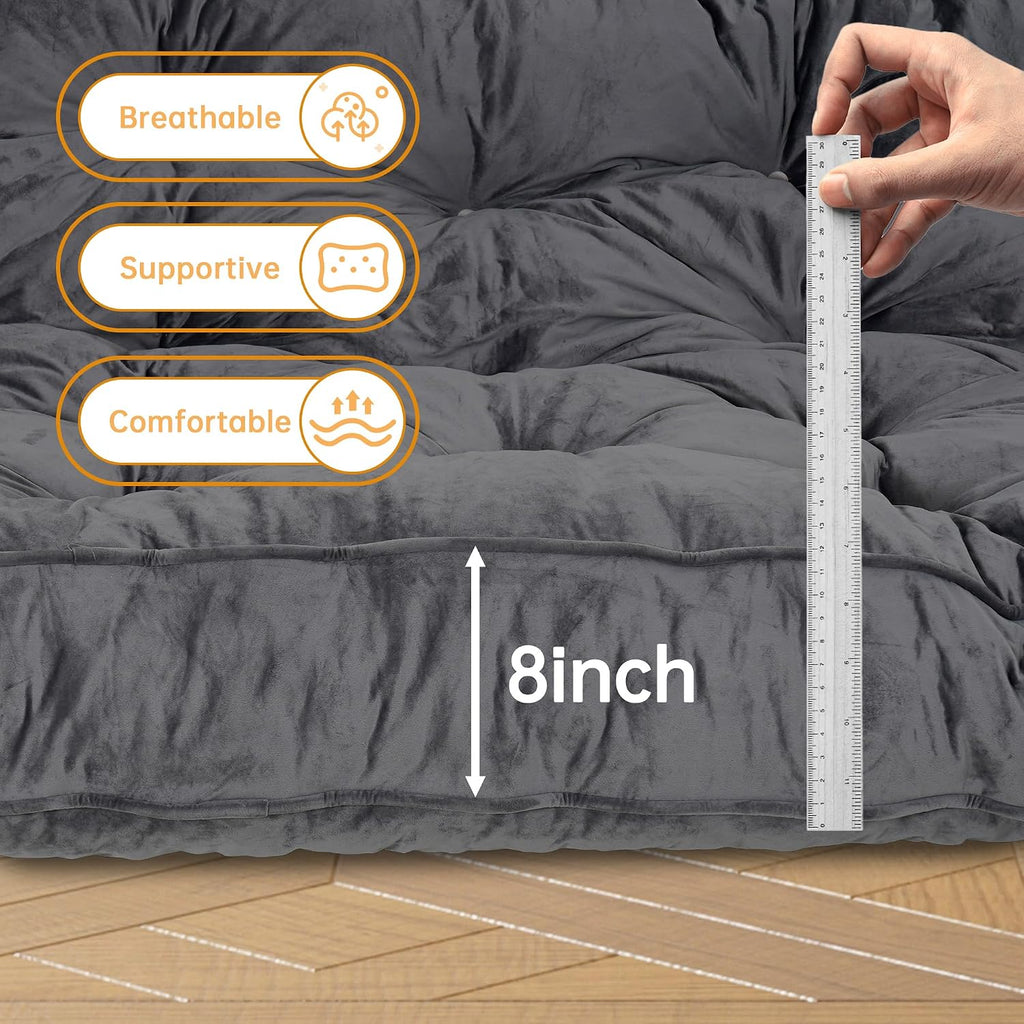 8' Queen Size Futon Mattress Sofa Bed, Extra Thick Foldable Floor Mattress, Shredded Foam Filling for Adults/Teens/Pets with No Assembly Needed, Frame Not Included - Dark Grey