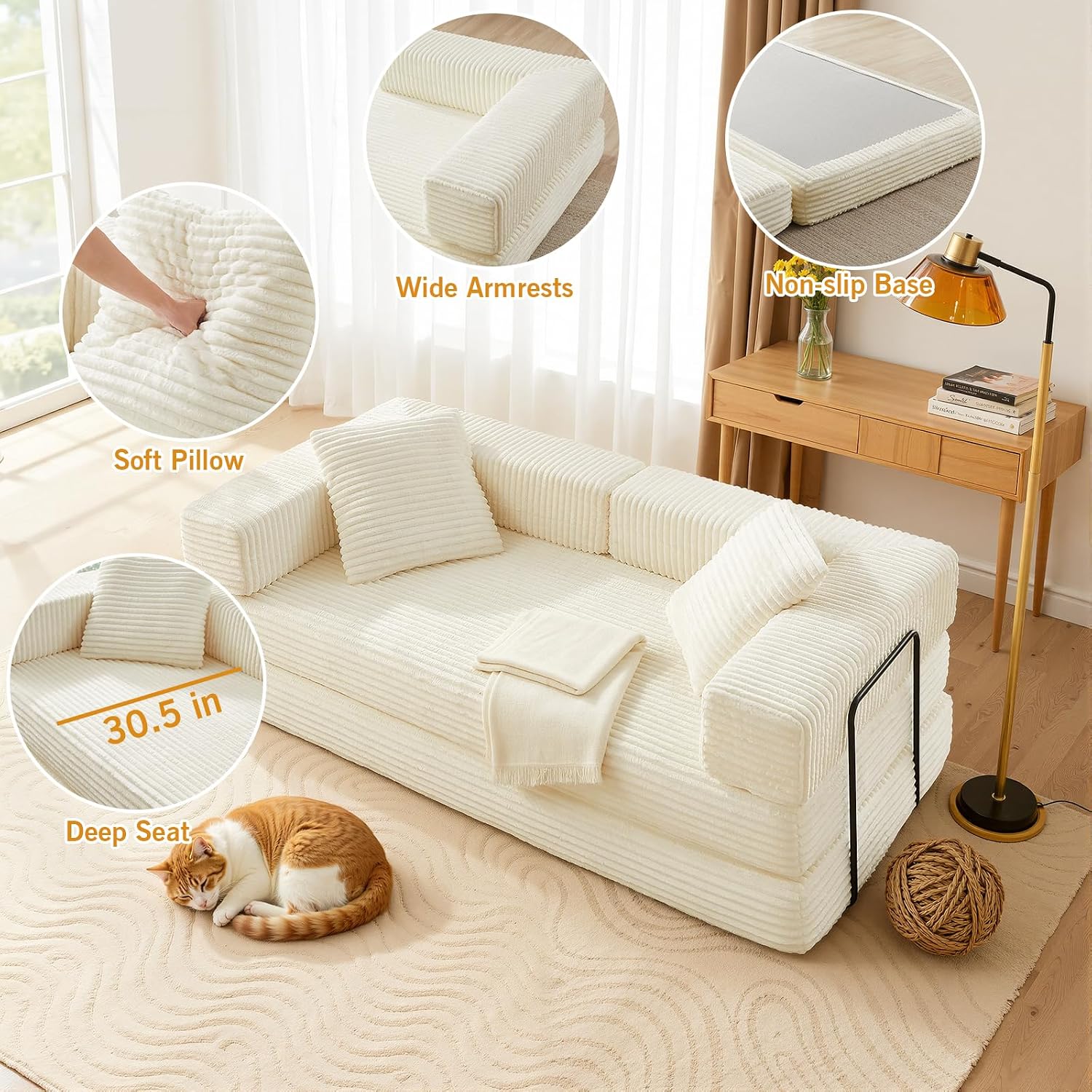 81'' Futon Sofa Bed, Folding Floor Couch Bed, Corduroy Fabric Boneless Couch, Compressed Boneless Sofa in a Box, Comfy Sleeper for Living Room-Beige